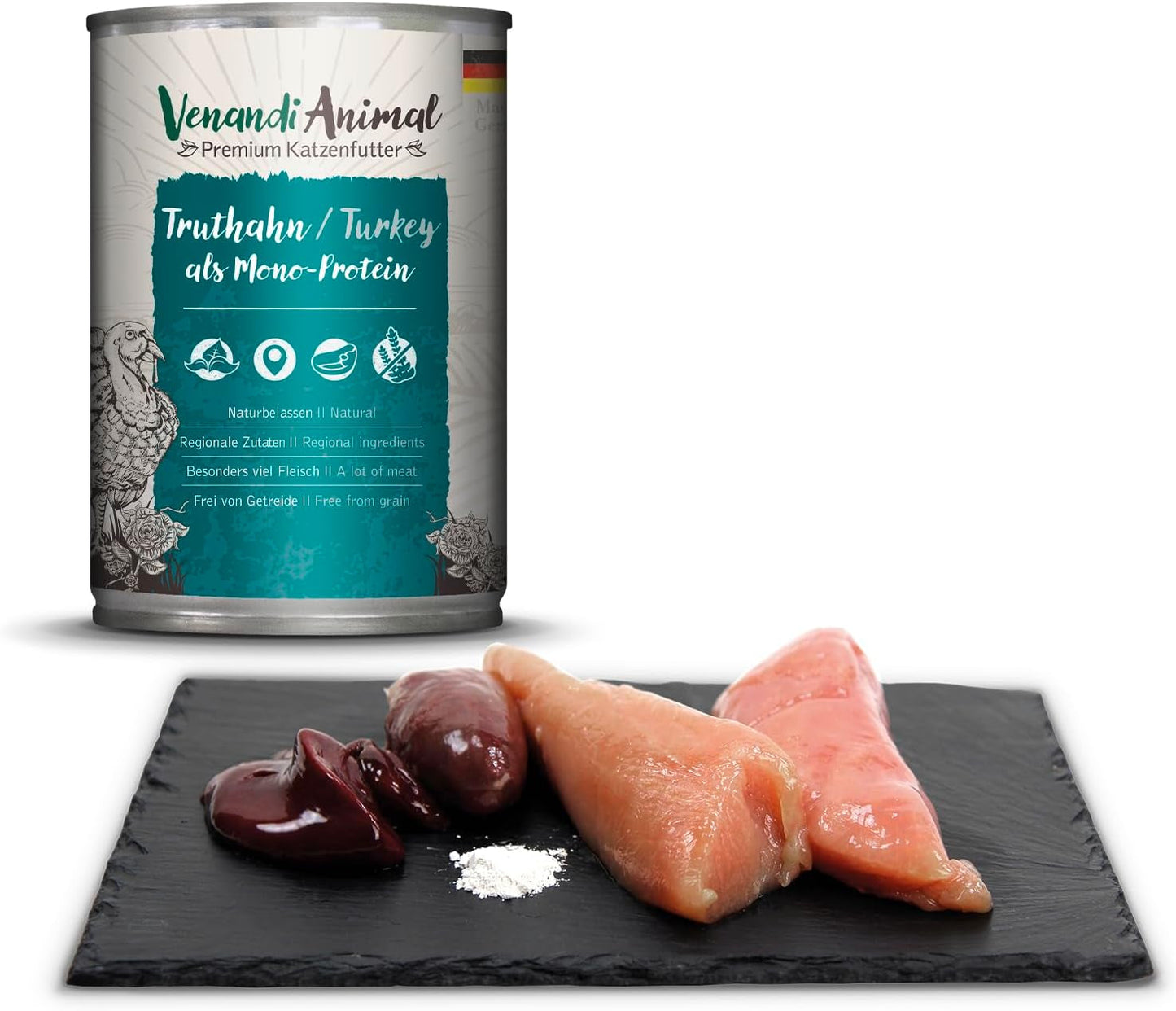 Venandi Animal Premium Nassfutter für Katzen, Probierpaket II, Pollo + Coniglio, Kalb, Tacchino, 6 x 400 g, getreidefrei und naturbelassen, 2,4 kg