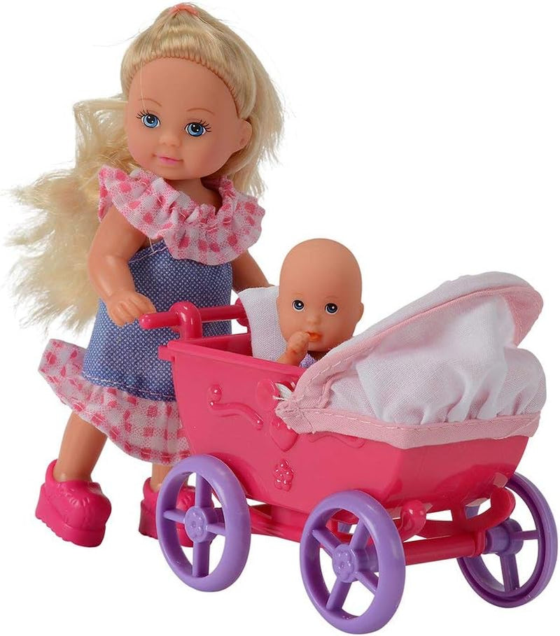 Simba 105736241 Evi Love Walk Doll 2 bambola Evi assortita con bambolina con passeggino inclusi accessori bambola alla moda 12 cm per bambini dai 3 anni in su
