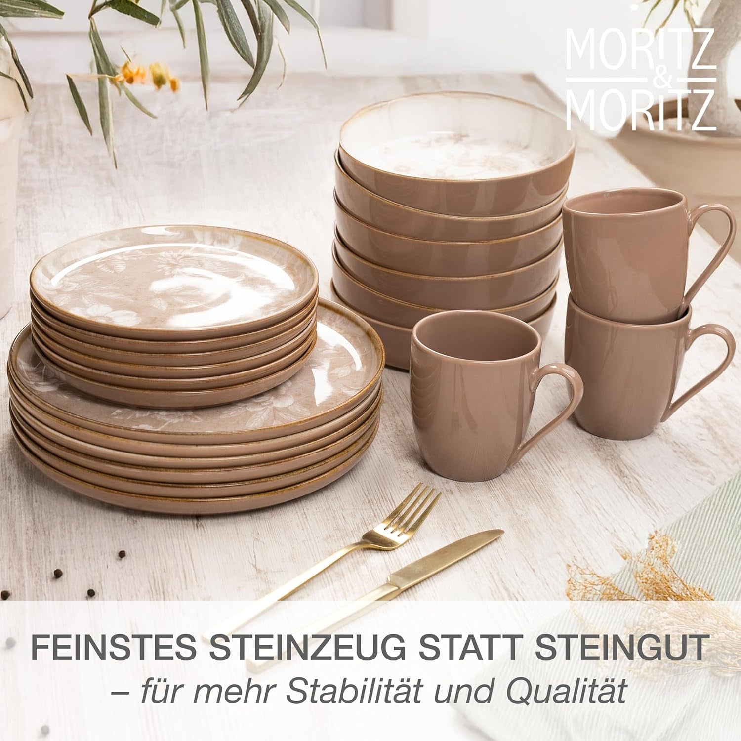 Moritz & Moritz MARIELLA Set di stoviglie in gres da 24 pezzi per 6 persone - Stoviglie moderne beige dal design giocoso, servizio da caffè di facile manutenzione con piatti, ciotole e tazze - Set combinato