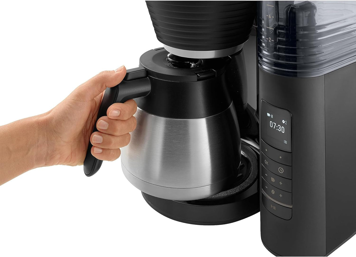 Melitta AromaFresh Therm Pro X - Macchina per caffè espresso con filtro, macinacaffè integrato, serbatoio dell'acqua rimovibile, caraffa termica in acciaio inossidabile e funzione timer, per un massimo di 8 tazze di caffè, nero/argento