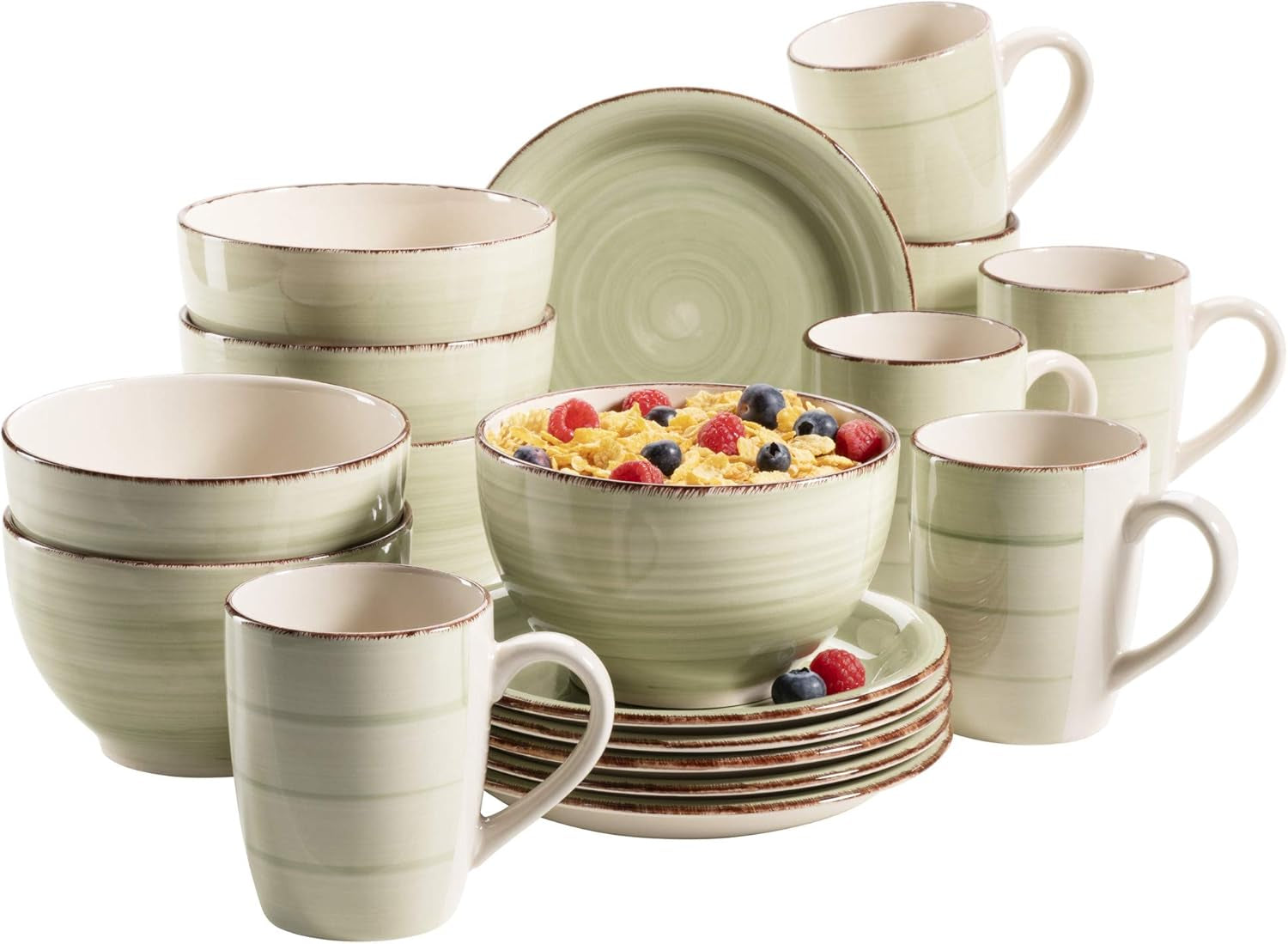 MÄSER 931490 Bel Tempo II Servizio da colazione per 6 persone in look vintage, ceramica dipinta a mano, set di stoviglie da 18 pezzi, verde, gres