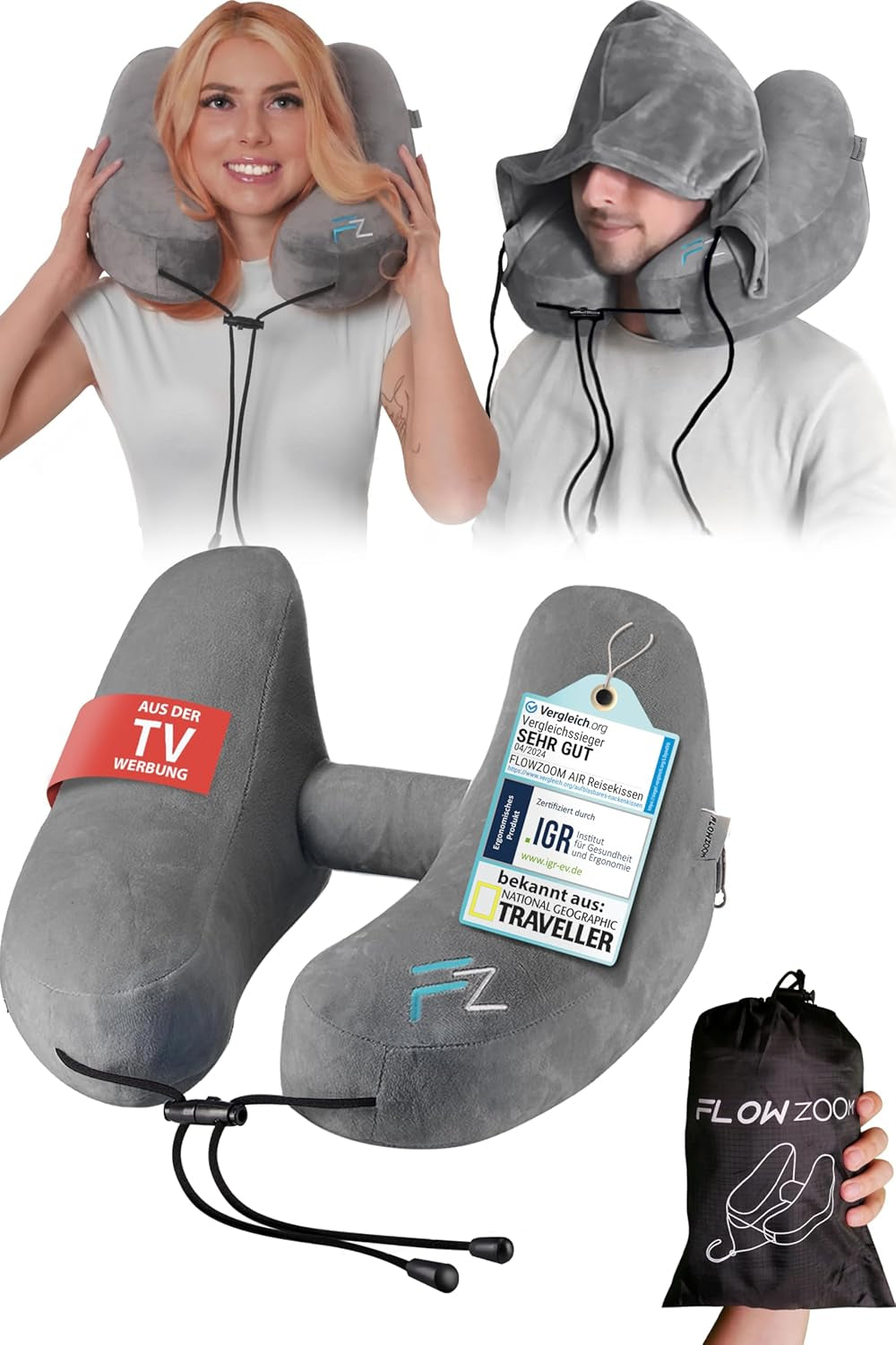 FLOWZOOM AIR Cuscino cervicale gonfiabile con cappuccio - Cuscino cervicale da aereo - Cuscino da viaggio - Cuscino cervicale da viaggio gonfiabile rapido - Cuscino aereo - Cuscino da viaggio - Cuscino cervicale per adulti (Grigio) Naty Shop Cuscini ortopedici cervicali 1) Grigio - Taglia L