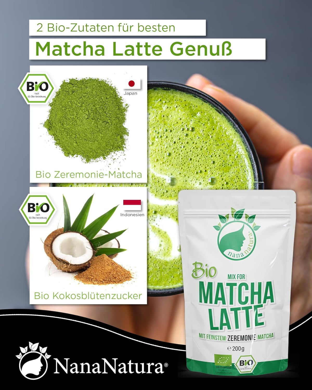 Mix di latte matcha biologico di Nananatura con polvere di tè verde di grado cerimoniale al 22% dal Giappone | Per un piacere semplice e delizioso del tè | Adatto anche per gelati e pasticceria