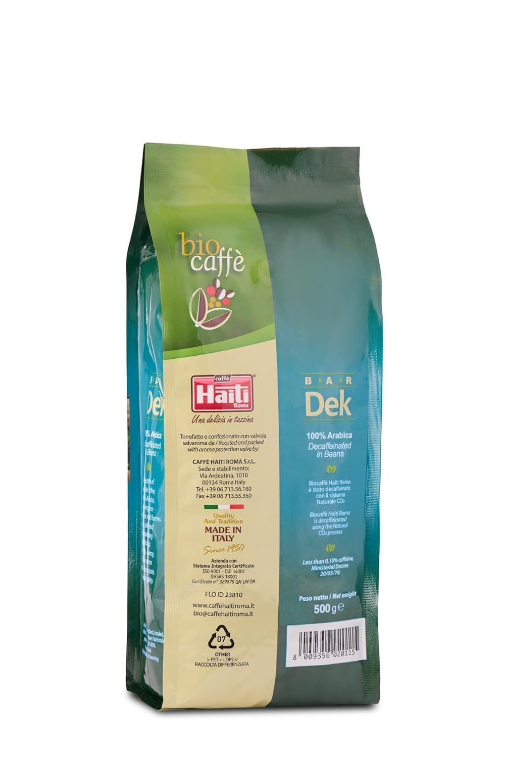 Caffè Haiti Roma caffè decaffeinato biologico in grani, 100% Arabica, certificato Fairtrade, qualità biologica, confezione da 2 x 500g