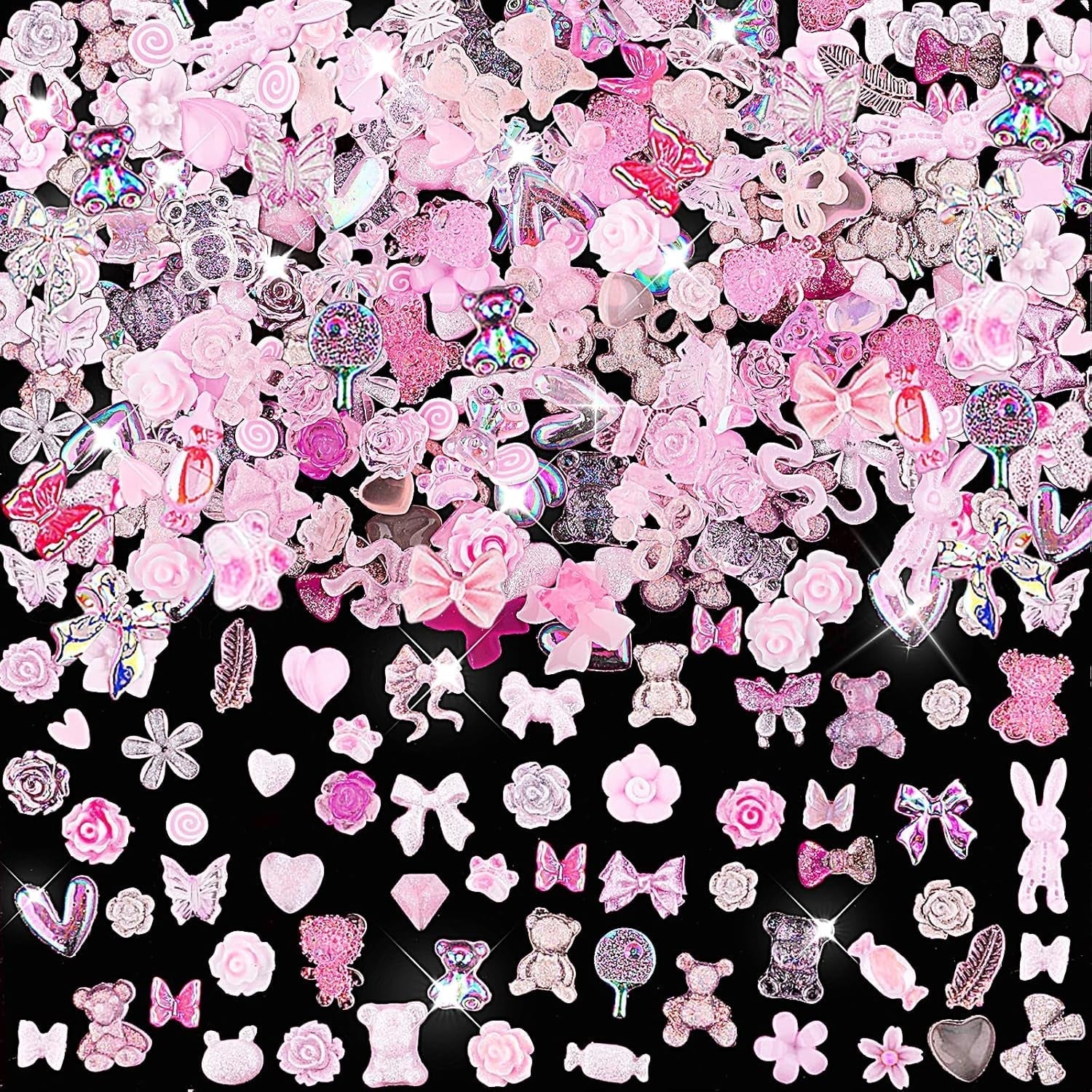 200 Pezzi Ciondoli per Nail Art Set di Decorazioni per Nail Art 3D Fiocco per Unghie Ciondolo Rosa Stile Misto Fiocco Fiore Orsacchiotto Lecca-lecca a Forma di Cuore Decorazione per Nail Art Artigianato Fai da Te Nail Design