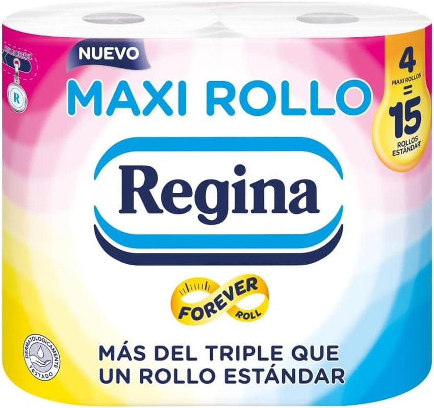 Regina Maxi Roll - 4 rotoli di carta igienica, 500 fogli 2 veli per rotolo, più di tre volte un rotolo standard, imballaggio in plastica riciclata al 60%, carta certificata Fsc al 100%