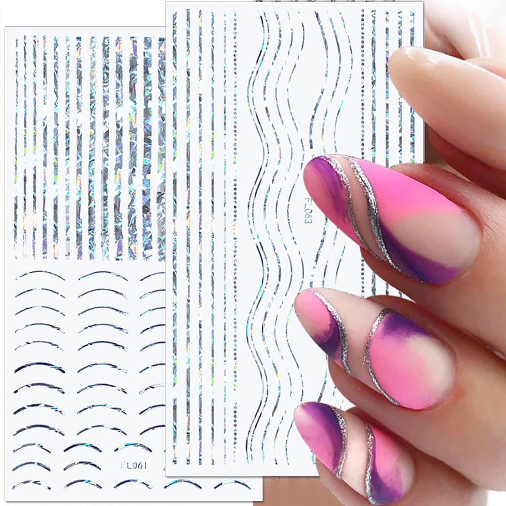 12 fogli Linee glitterate laser Adesivi per unghie autoadesivi Adesivi olografici Strisce di bronzo Adesivi per unghie Linea francese Fiocchi curvi Linee ondulate Adesivi per unghie Accessori per nail art