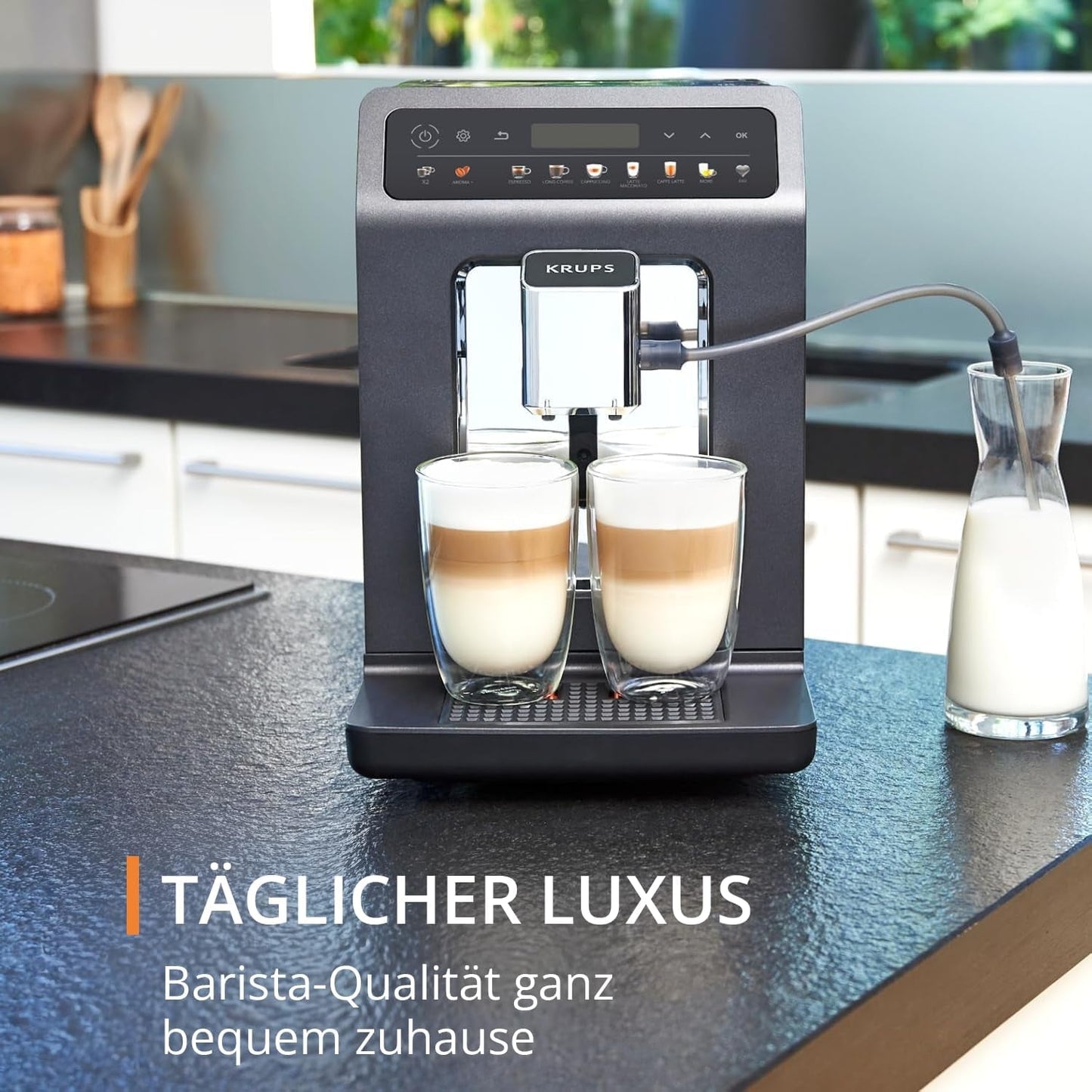 KRUPS Evidence One macchina per caffè espresso automatica con tubo per il latte, cappuccino one-touch, 12 bevande speciali, funzione 2 tazze, display a colori, macchina per caffè espresso, certificato TÜV, nero, EA895N10