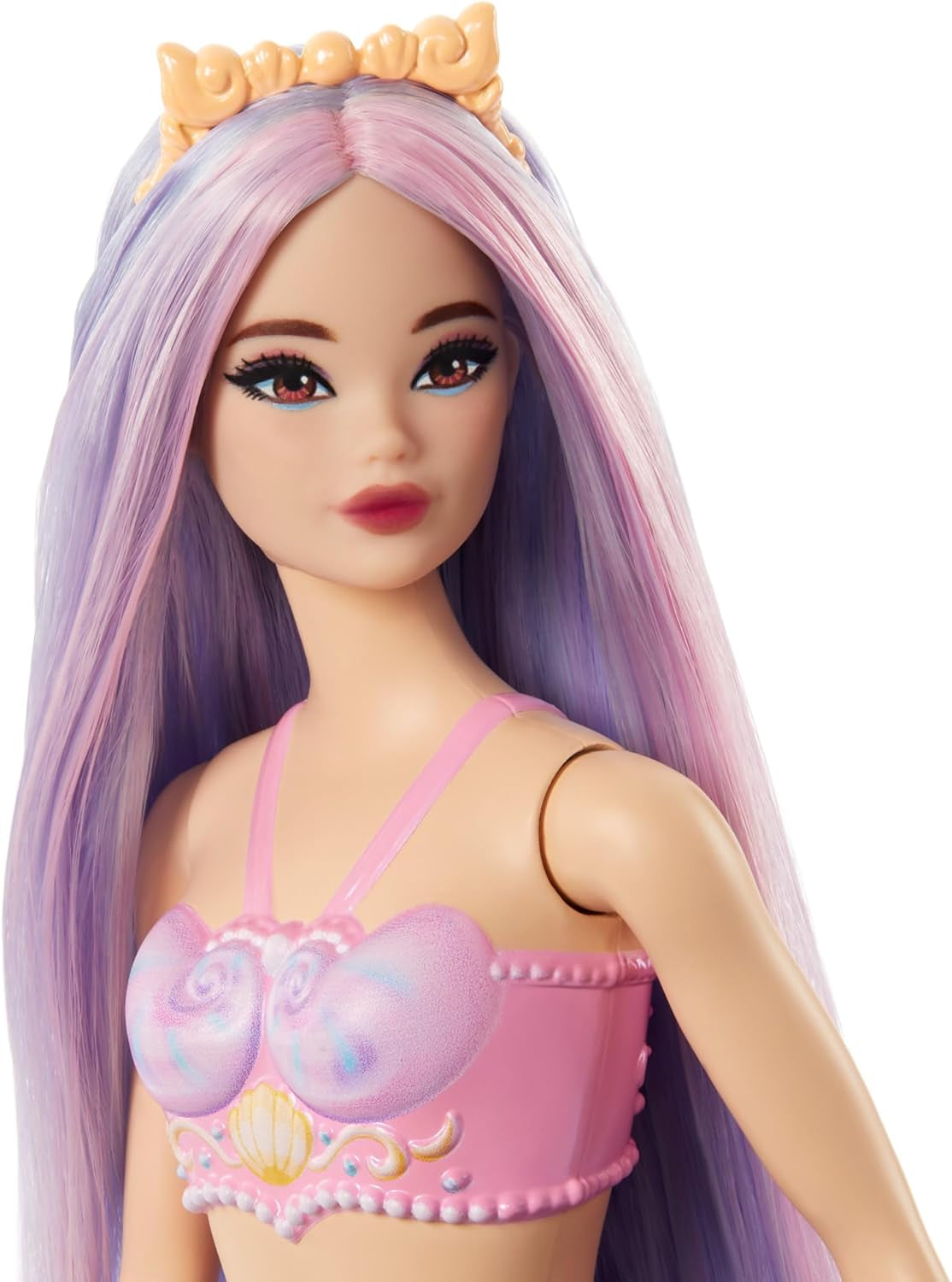 Barbie Sirena con Capelli Decorati Rosa e Lilla e Fascia per Capelli, Top a Conchiglia e Pinna Coda Blu Lavanda, HRR06 Naty Shop Dolls