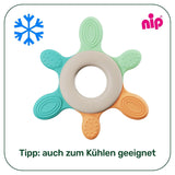 nip – Anello da dentizione | Anello da dentizione sostenibile per bambini a partire da 3 mesi, realizzato con oltre il 65% di materie prime naturali. Per un massaggio delicato delle gengive, della lingua e dei denti | Rosso/Verde/Arancione
