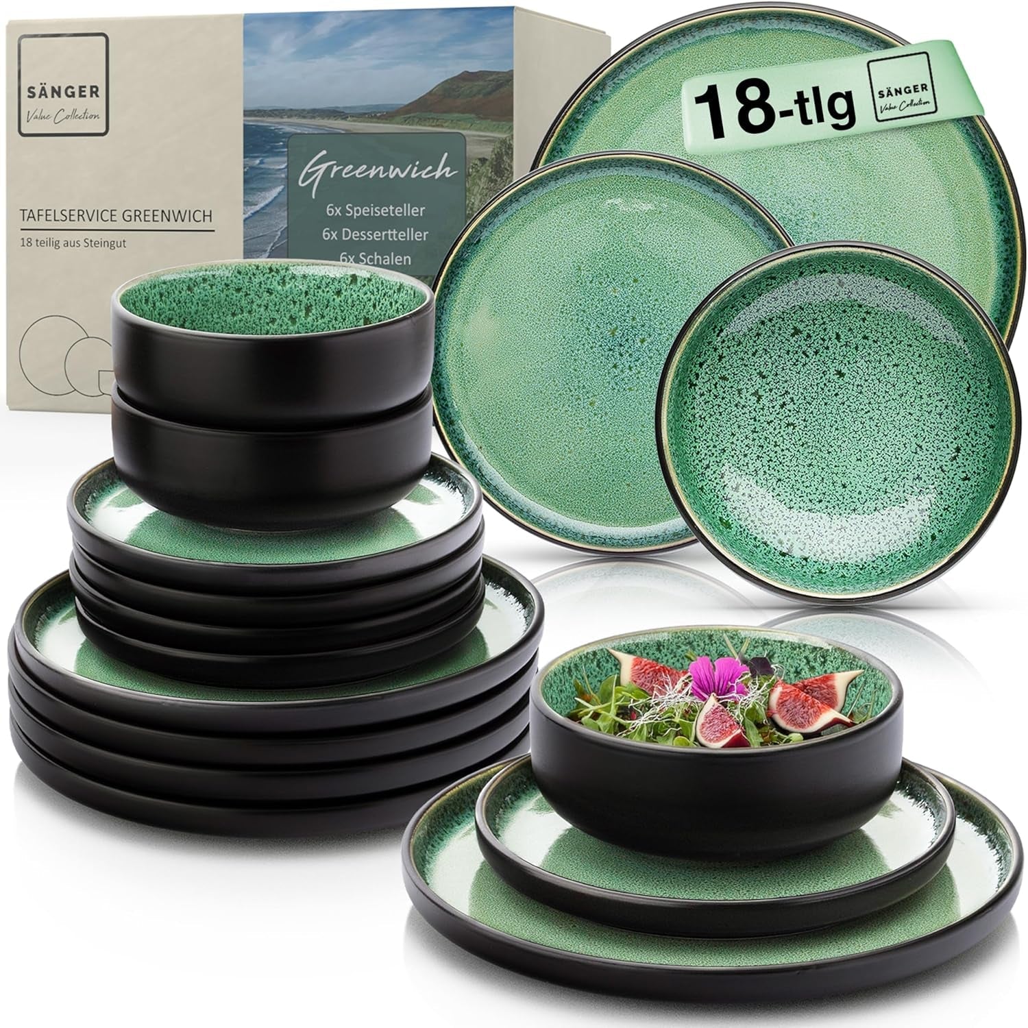 SÄNGER Greenwich | Servizio Piatti In Gres, 18 Pezzi, Servizio Piatti Per 6, Servizio Piatti (6 Piatti Piani, 6 Piatti Dessert, 6 Ciotole), Verde, Antigraffio, Stoviglie | LA COLLEZIONE DI VALORE