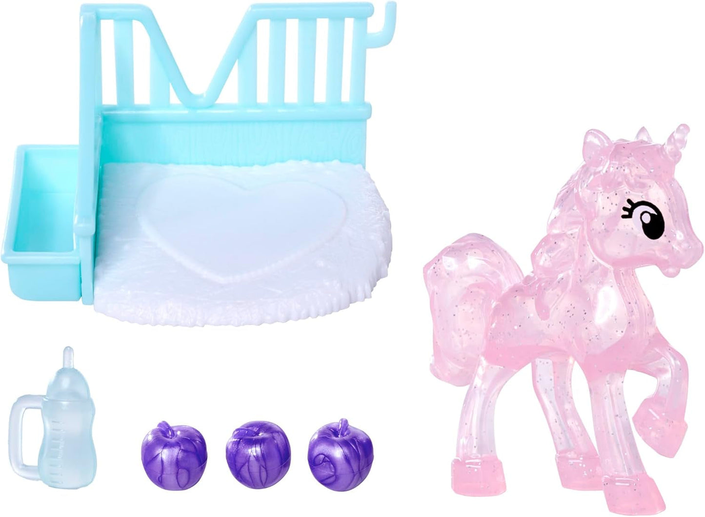Simba Evi Love Unicorn Play Doll che indossa un grazioso vestito da unicorno con fascia abbinata, incluso un unicorno con stalla, mele e una bottiglia per bere, 12 cm, dai 3 anni in su