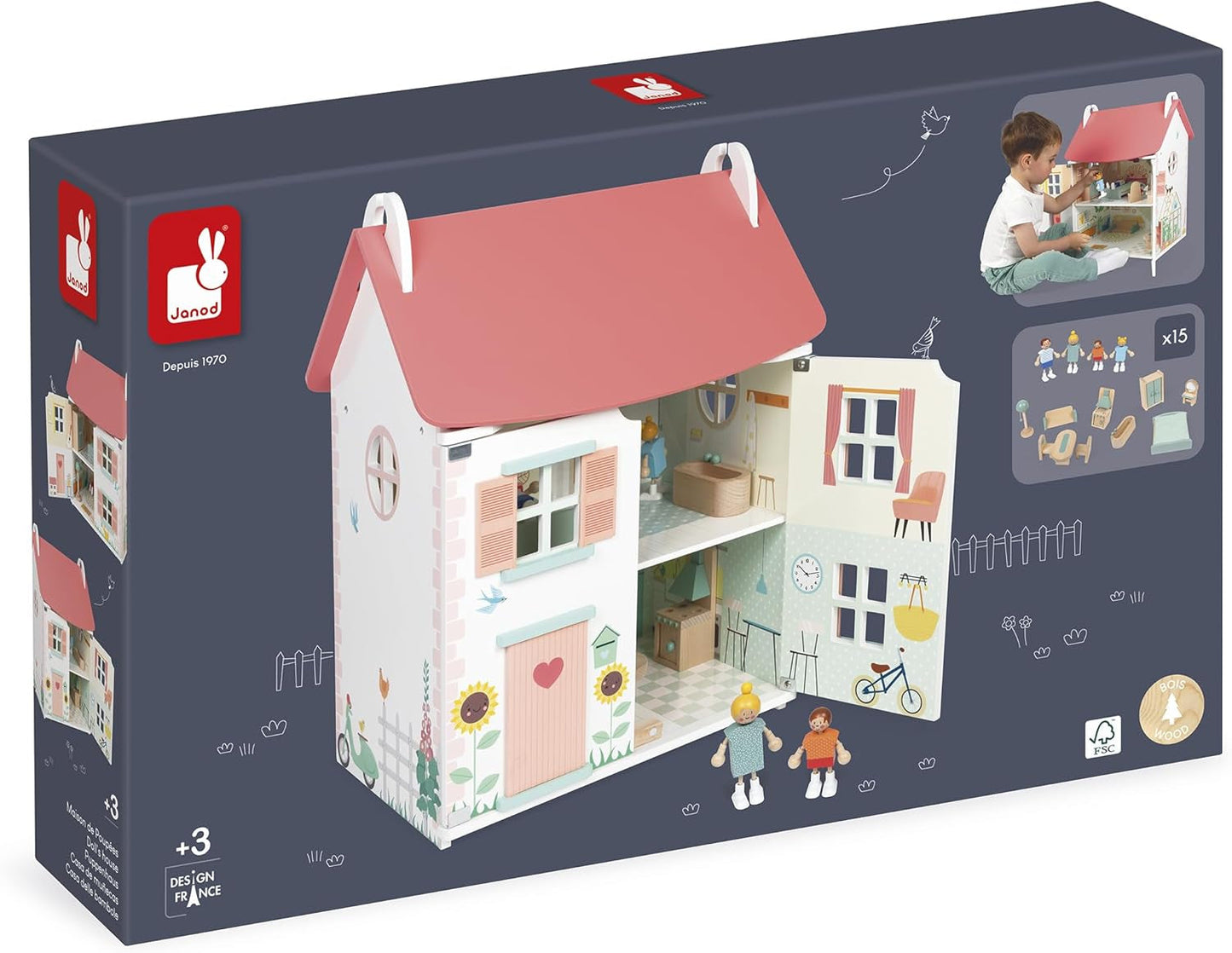 Janod - La mia prima casa delle bambole in legno - 10 accessori - Mobili per bambole - Porte magnetiche e tetto rimovibile - Giocattolo in legno certificato FSC - Dai 3 anni in su
