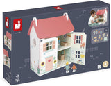 Janod - La mia prima casa delle bambole in legno - 10 accessori - Mobili per bambole - Porte magnetiche e tetto rimovibile - Giocattolo in legno certificato FSC - Dai 3 anni in su