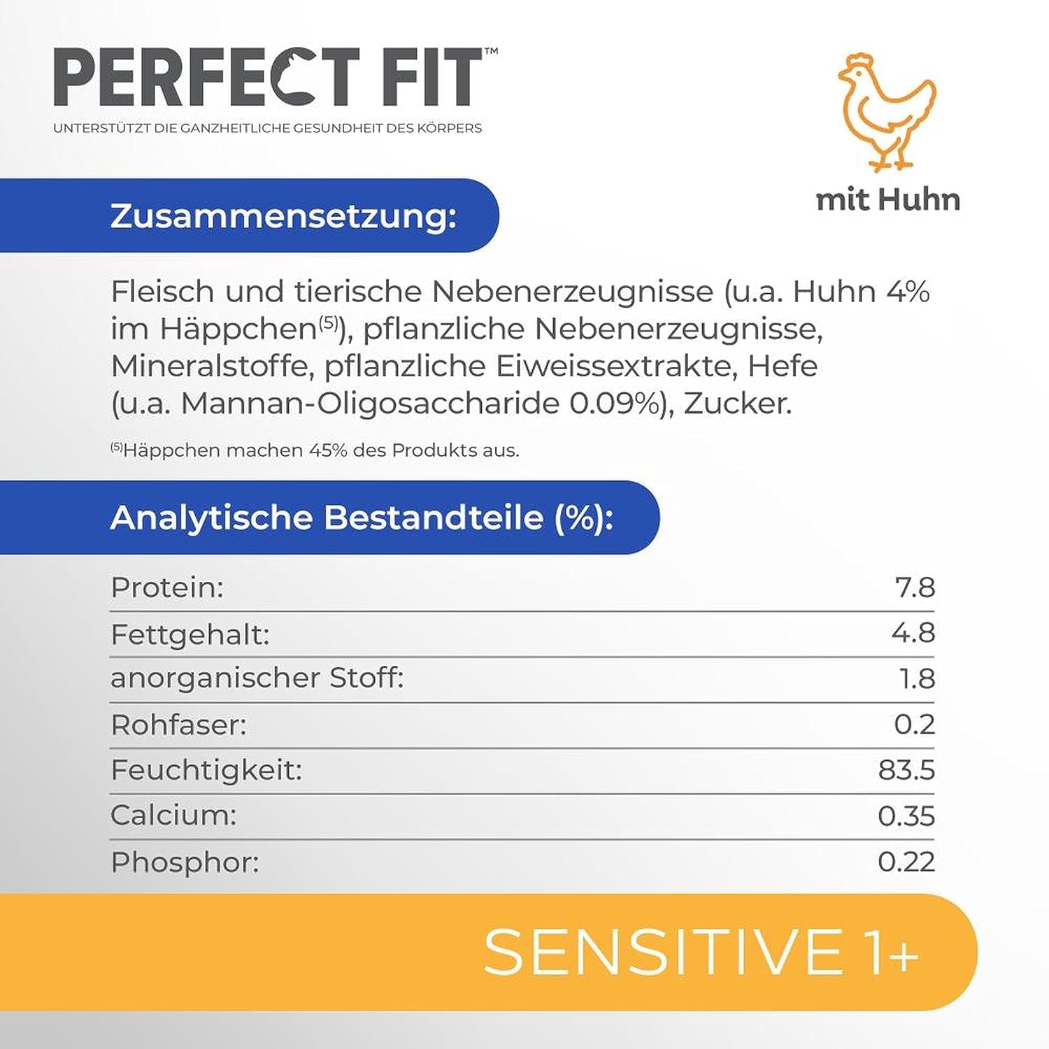 Cibo umido per gatti Perfect Fit Sensitive 1+ con pollo in salsa, 12 bustine, 12 x 85 g - Cibo umido premium per gatti sensibili a partire da 1 anno, senza frumento e soia, per favorire la digestione