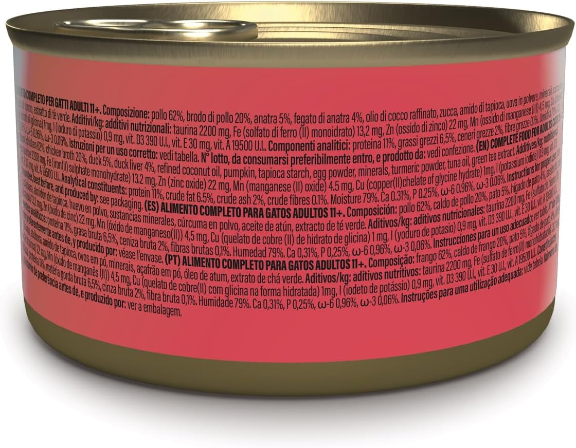 Pollo Silver con mousse e filetti d'anatra, alimento umido completo per gatti anziani, senza cereali, supporto immunitario, fonte di umidità, 12 x 70g