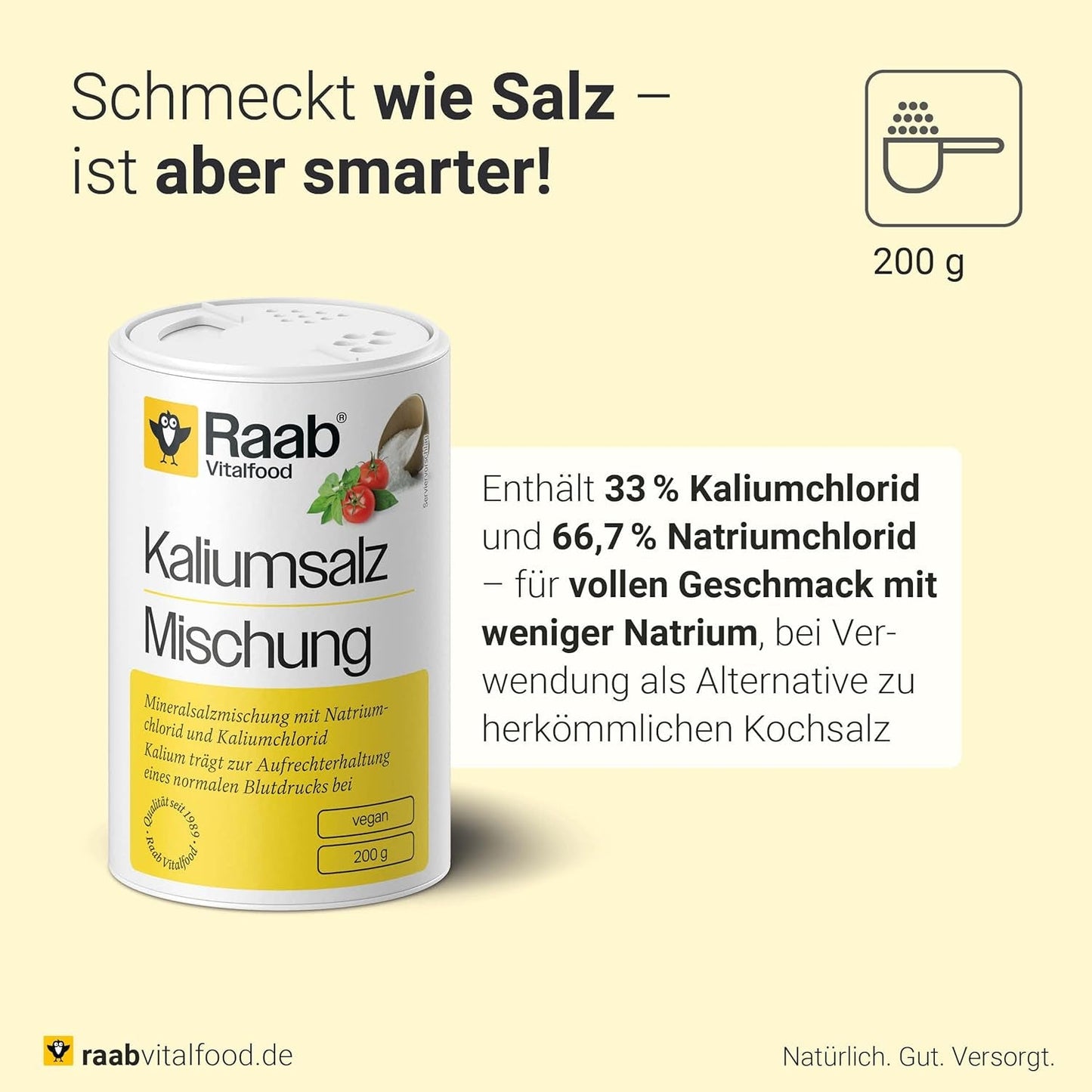 Raab Vitalfood Kalium salt-Mischung, Mineralsalzmischung mit 66.7% Natrium Chlorid (Kochsalz) und 33% Kalium Chlorid, Kalium trägt zur Aufrechterhaltung eines normalen Blutdruck bei (1 x 200 g Dose)