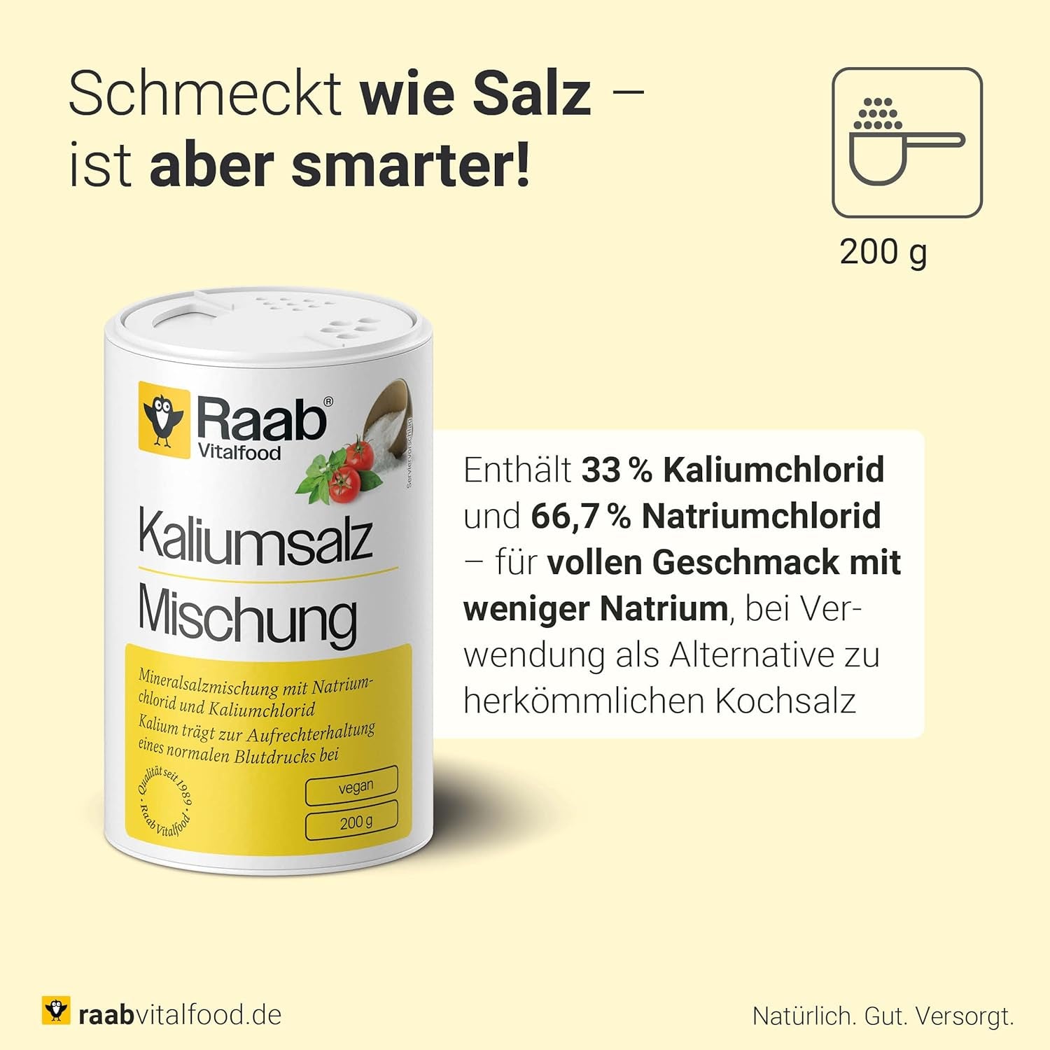 Raab Vitalfood Kalium salt-Mischung, Mineralsalzmischung mit 66.7% Natrium Chlorid (Kochsalz) und 33% Kalium Chlorid, Kalium trägt zur Aufrechterhaltung eines normalen Blutdruck bei (1 x 200 g Dose)