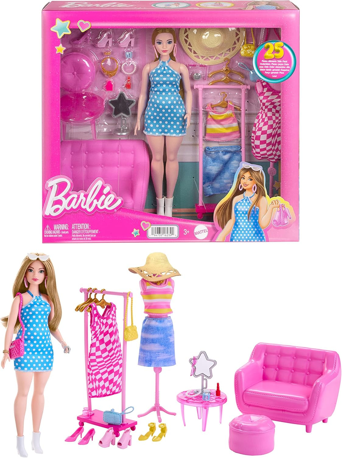 Barbie Fashion Doll e set guardaroba con vestiti, accessori e mobili da salone, divertimento duraturo dal parrucchiere per bambini dai 3 anni in su, HPL78