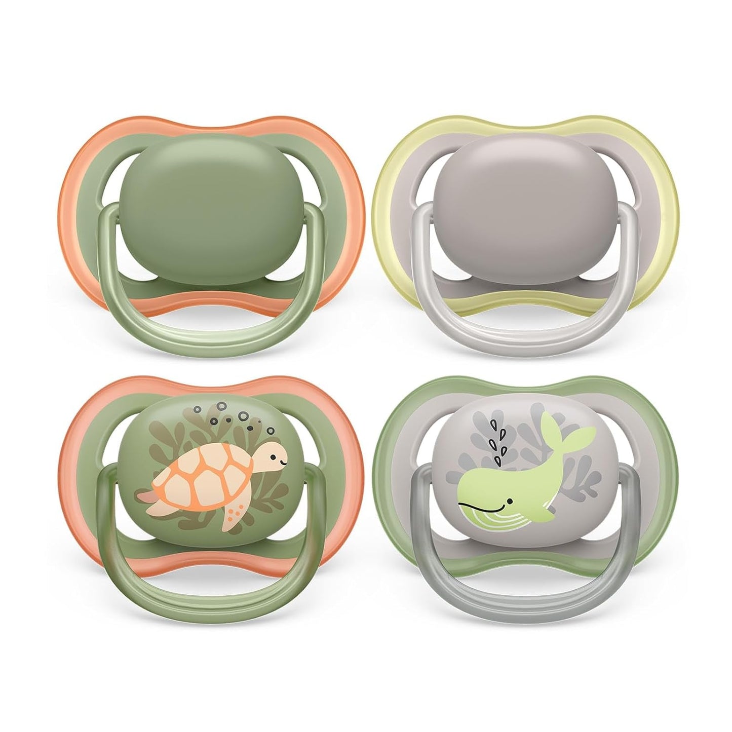 Succhietti Philips AVENT ultra air - confezione da 4 succhietti traspiranti senza BPA per bambini 6-18 mesi, inclusa custodia per il trasporto e sterilizzazione, modello tartaruga/balena (modello SCF085/66)