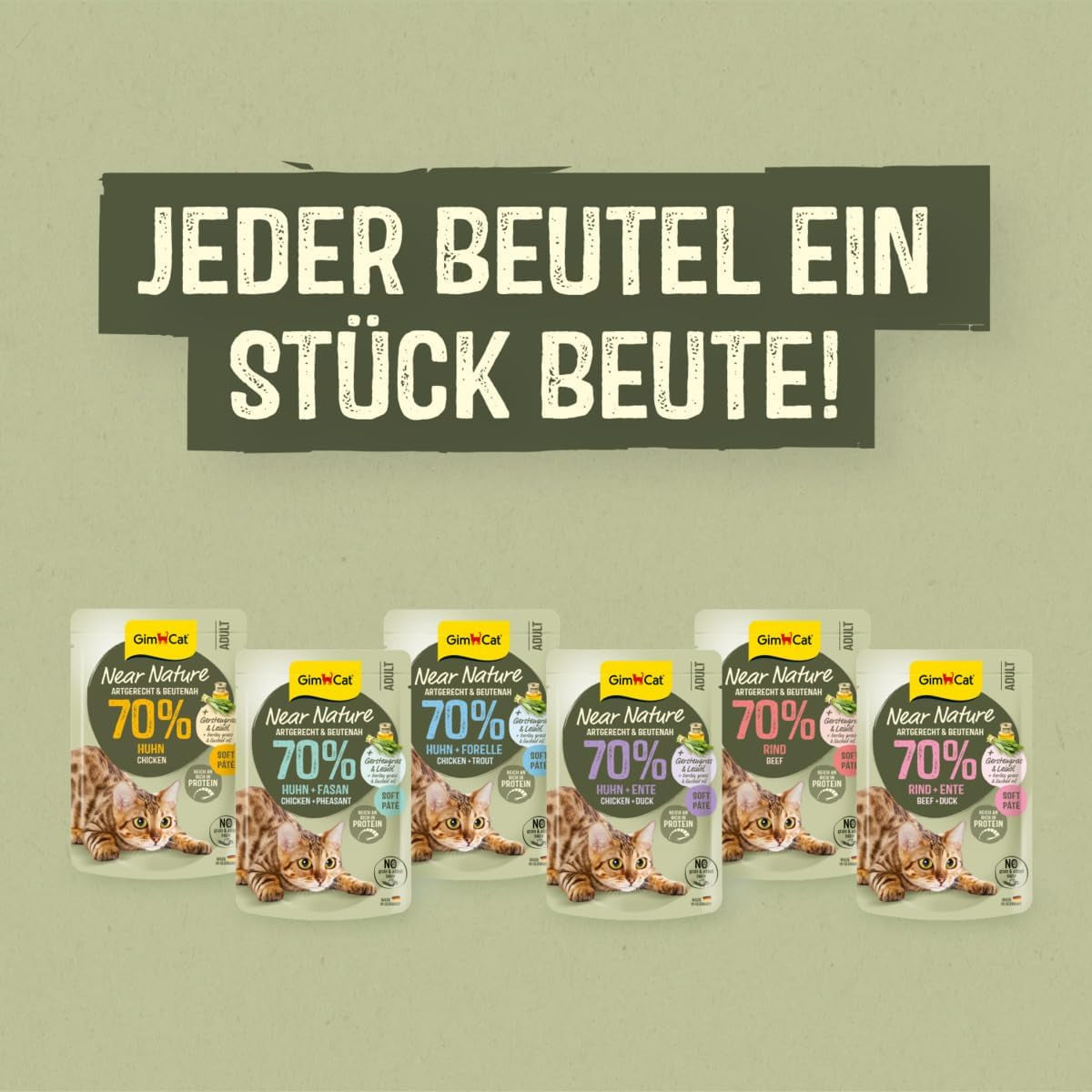GimCat Near Nature Trial Mix Confezione da 12 - Alimento umido senza cereali per gatti a partire da 7 mesi con una ricetta specifica per la specie e la preda - 12 bustine (12 x 85 g)