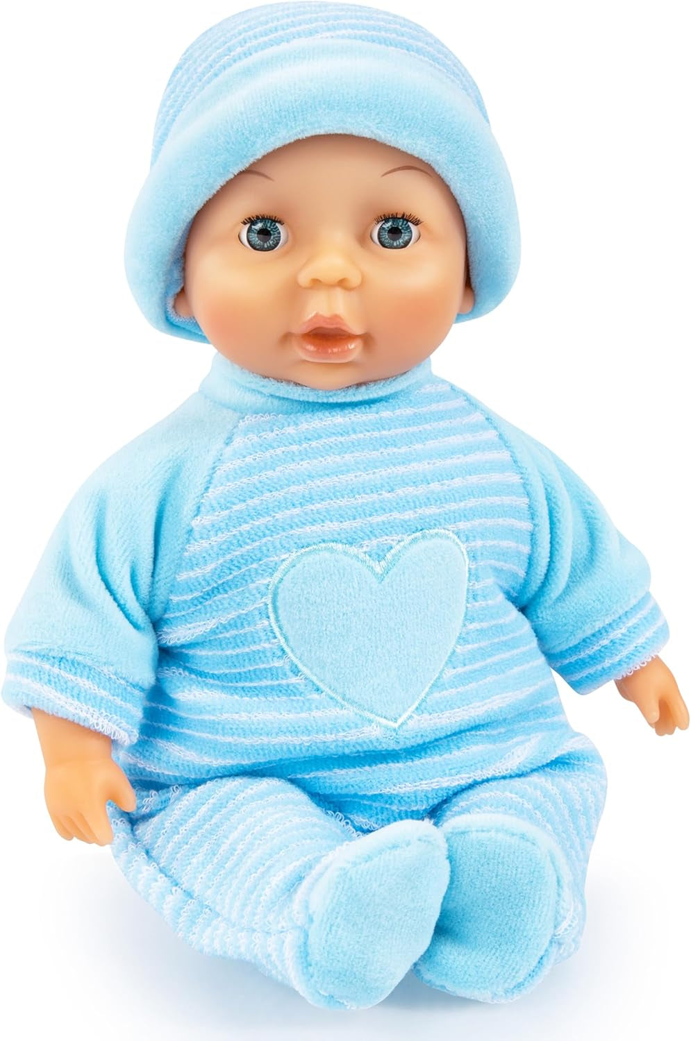 Bayer Design 92802AU Il mio primo bebè, 28 cm, bambola dal corpo morbido, con occhi addormentati, molto maneggevole, vestito carino, blu con cuore