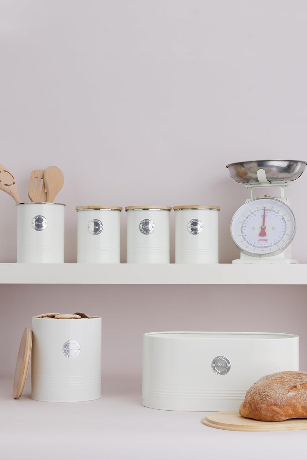 , Cestino per il pane in acciaio inox "Living", colore crema, con coperchio in bambù, crema Contenitori per alimenti Naty Shop