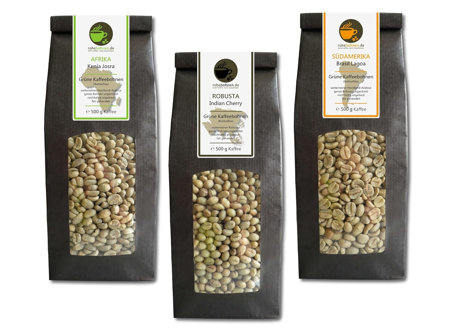 Caffè crudo - Caffè verde Kenya, India, Brasile (confezione ridotta caffè verde in grani 3x500g) - Certificato GMP