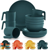 Set stoviglie Kyraton in plastica infrangibile e riutilizzabile, composto da 16 pezzi. Piatti, tazze, ciotole e piatti leggeri. Facile da trasportare e da pulire. Senza BPA. Per 4 persone.