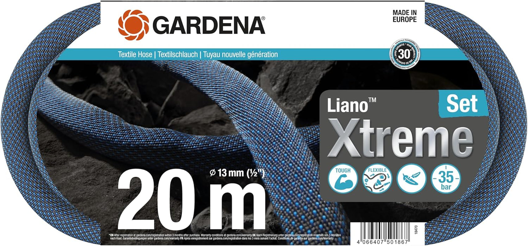 Set Gardena Liano Xtreme 1/2 pollice 20 m: tubo da giardino in tessuto estremamente robusto con tubo interno in PVC leggero e resistente alle intemperie (18470-20)