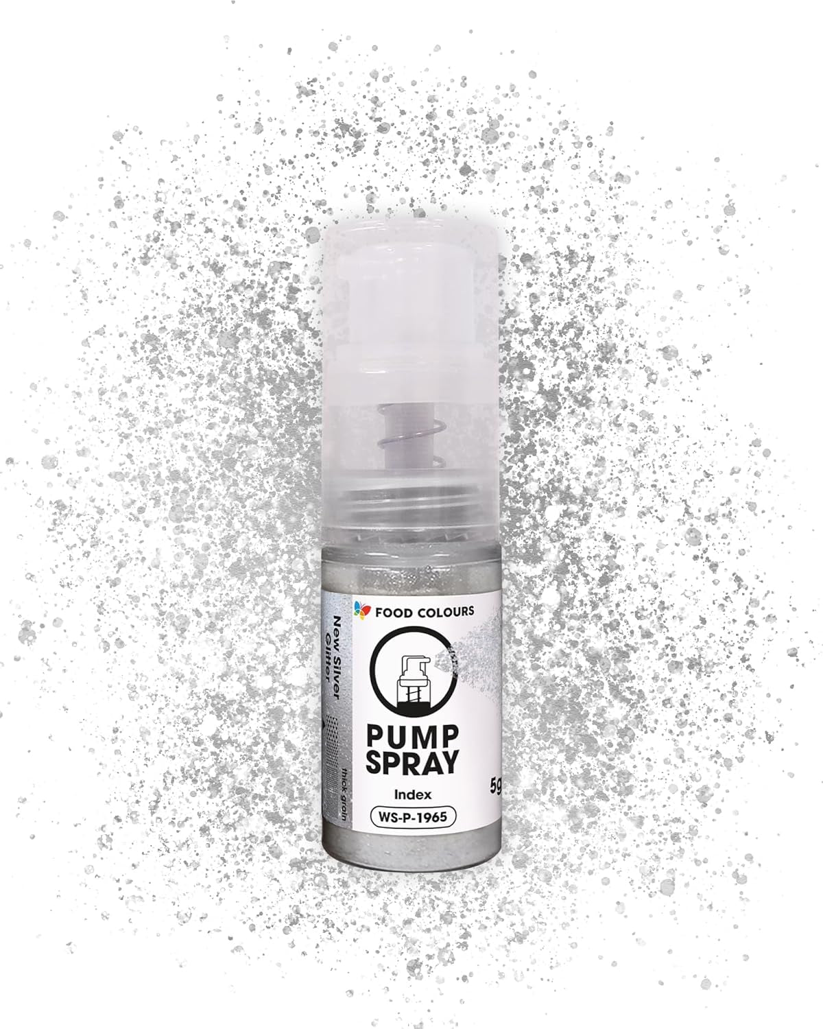 Spray alimentare glitter commestibile NEW SILVER SHIMMERING 5G pompa con polvere metallica per la decorazione rapida ed efficace di torte, creme, gelatine, praline, cioccolato e decorazioni di zucchero