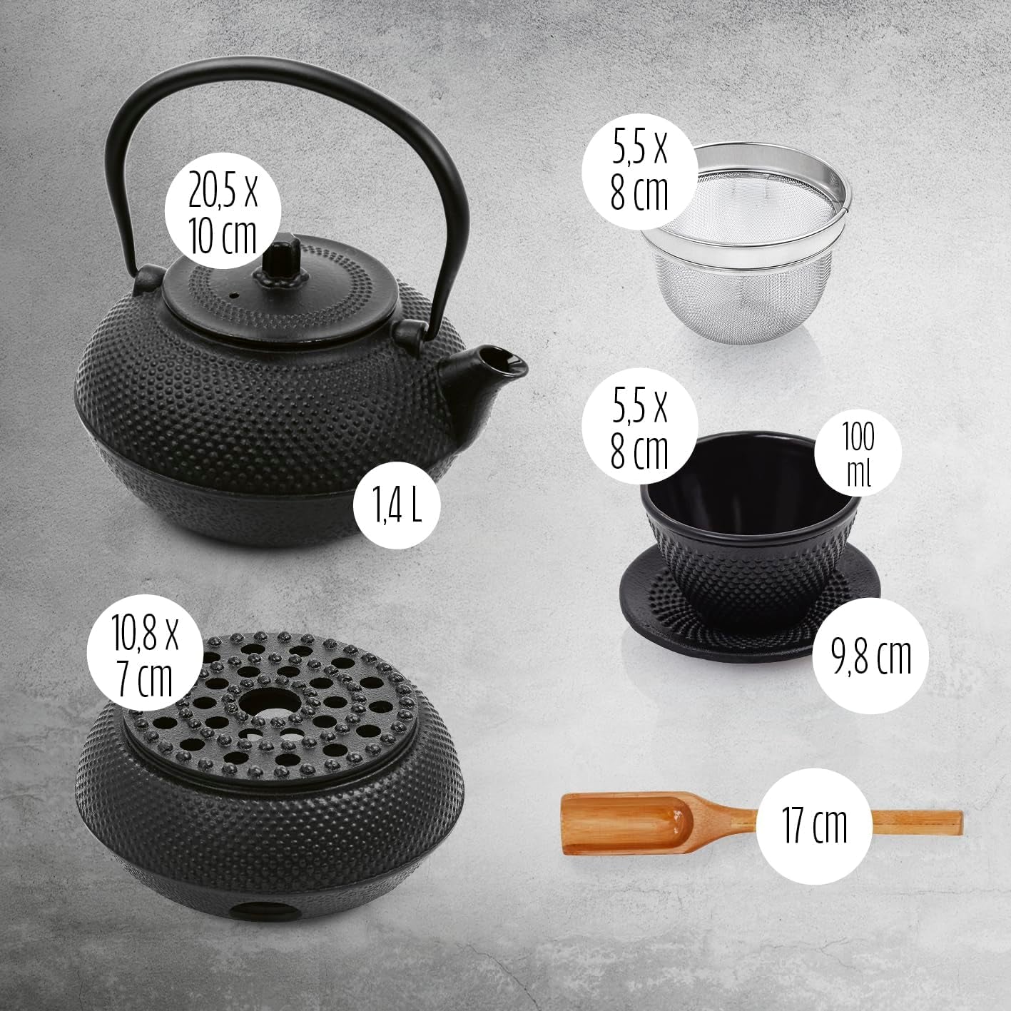 Set da tè Lumaland da 8 pezzi | Teiera in ghisa Tetsubin da 1,4 litri | Stufa in ghisa | 2 tazze da tè e 2 piattini | Set da tè giapponese comprensivo di misurino in bambù e infusore in acciaio inossidabile