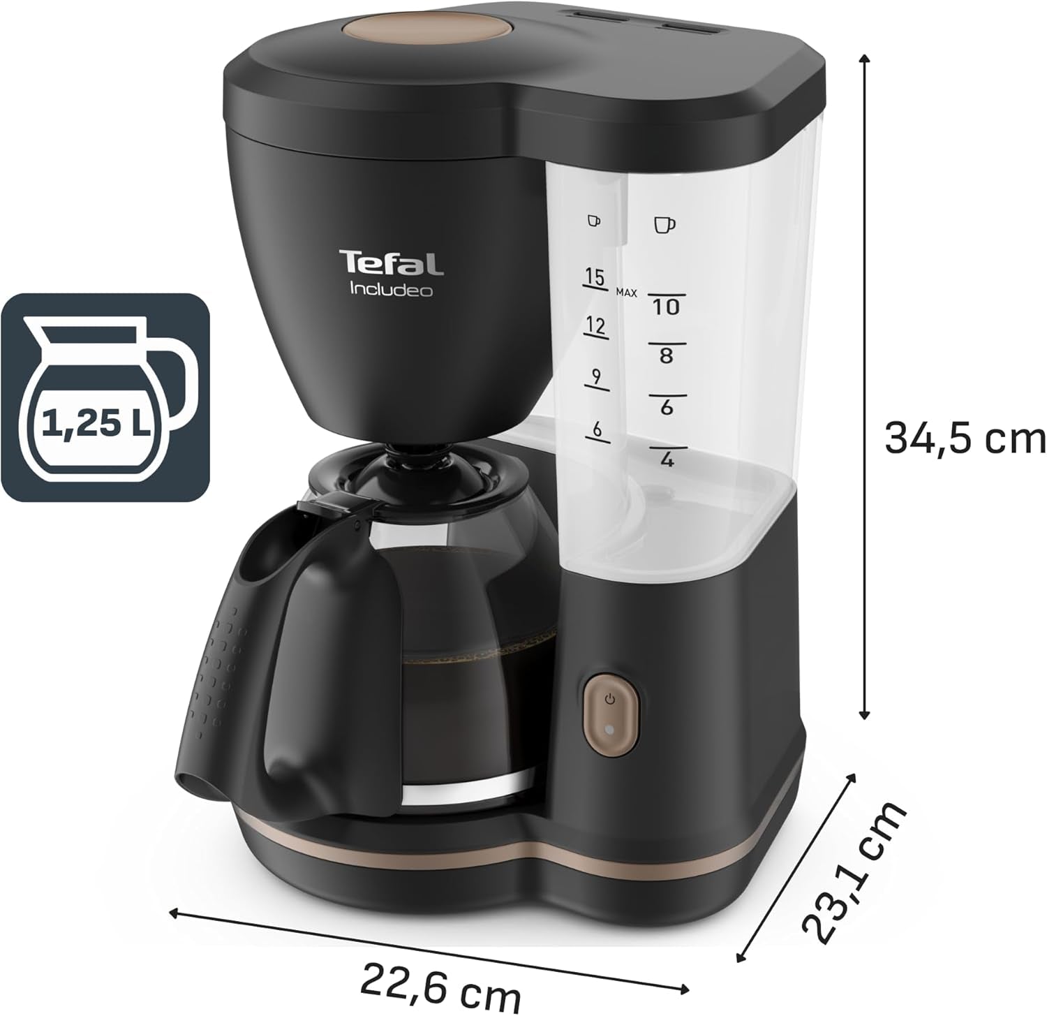 Macchina per caffè espresso con filtro Tefal Includeo, macchina per caffè espresso estremamente facile da usare, adatta per destrimani e mancini, apertura automatica del coperchio, 1,25 L, da 10 a 15 tazze, CM533811
