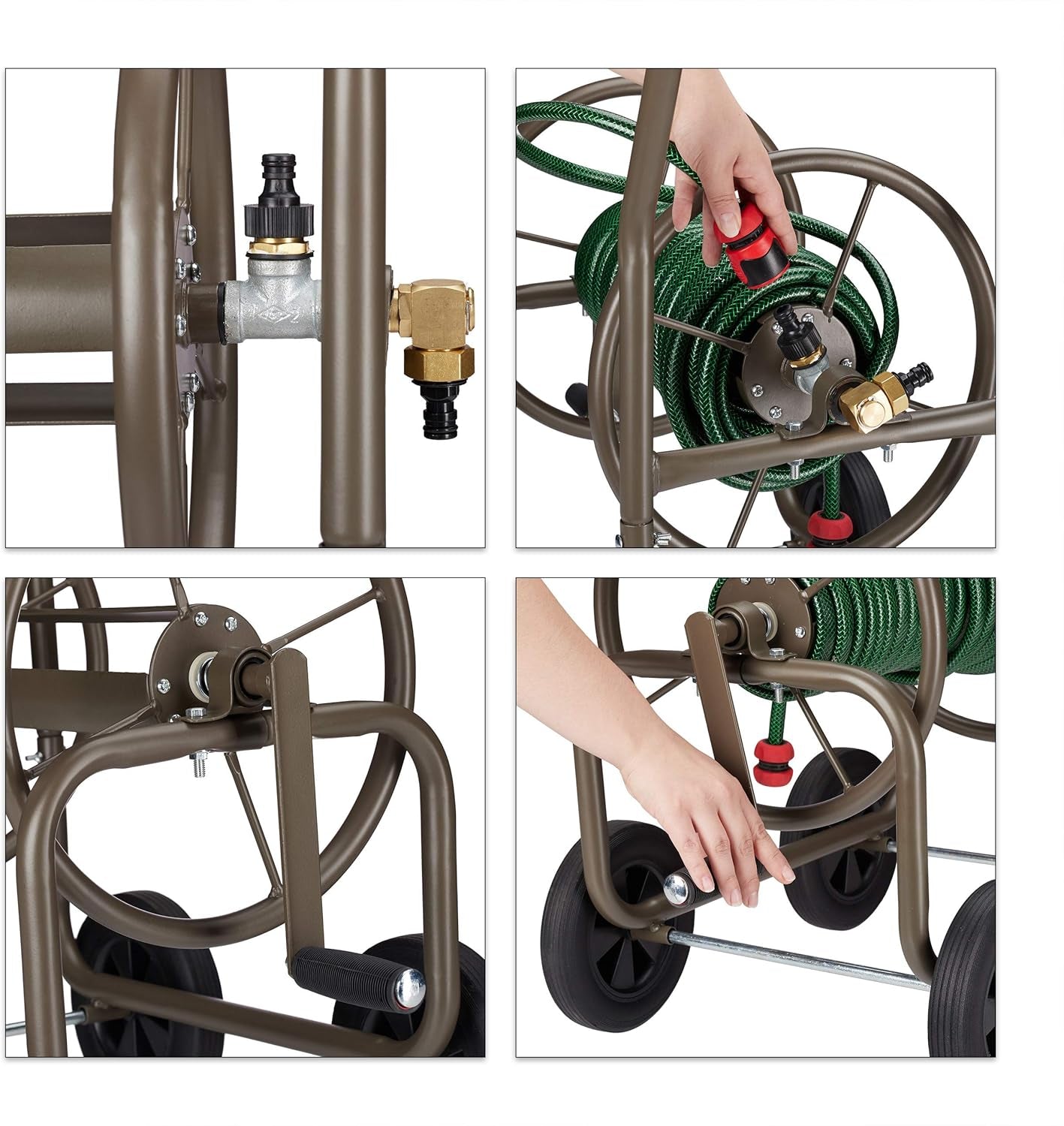 Carrello portatubo XL Relaxdays, avvolgitubo mobile, in metallo, per tubo da 60 m, 4 ruote, con manovella, rullo a 90°, marrone
