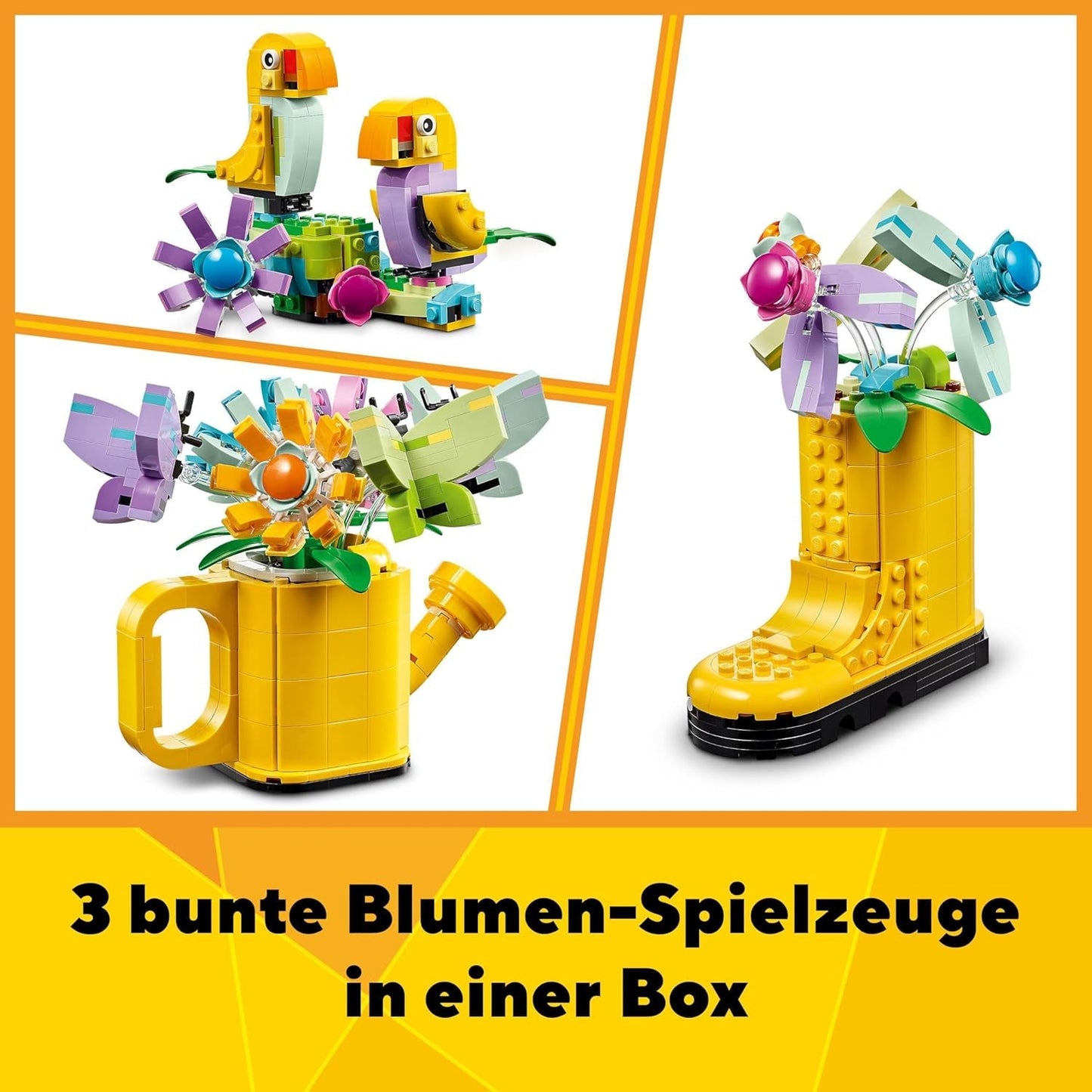 Set di irrigatori floreali 3 in 1 LEGO Creator, decorazione per la cameretta dei bambini, costruisci un irrigatore con un mazzo di fiori, stivali di gomma o 2 uccellini giocattolo, regalo creativo per ragazze e ragazzi di 8 anni 31149 Set da costruzione Besuche den LEGO-Store