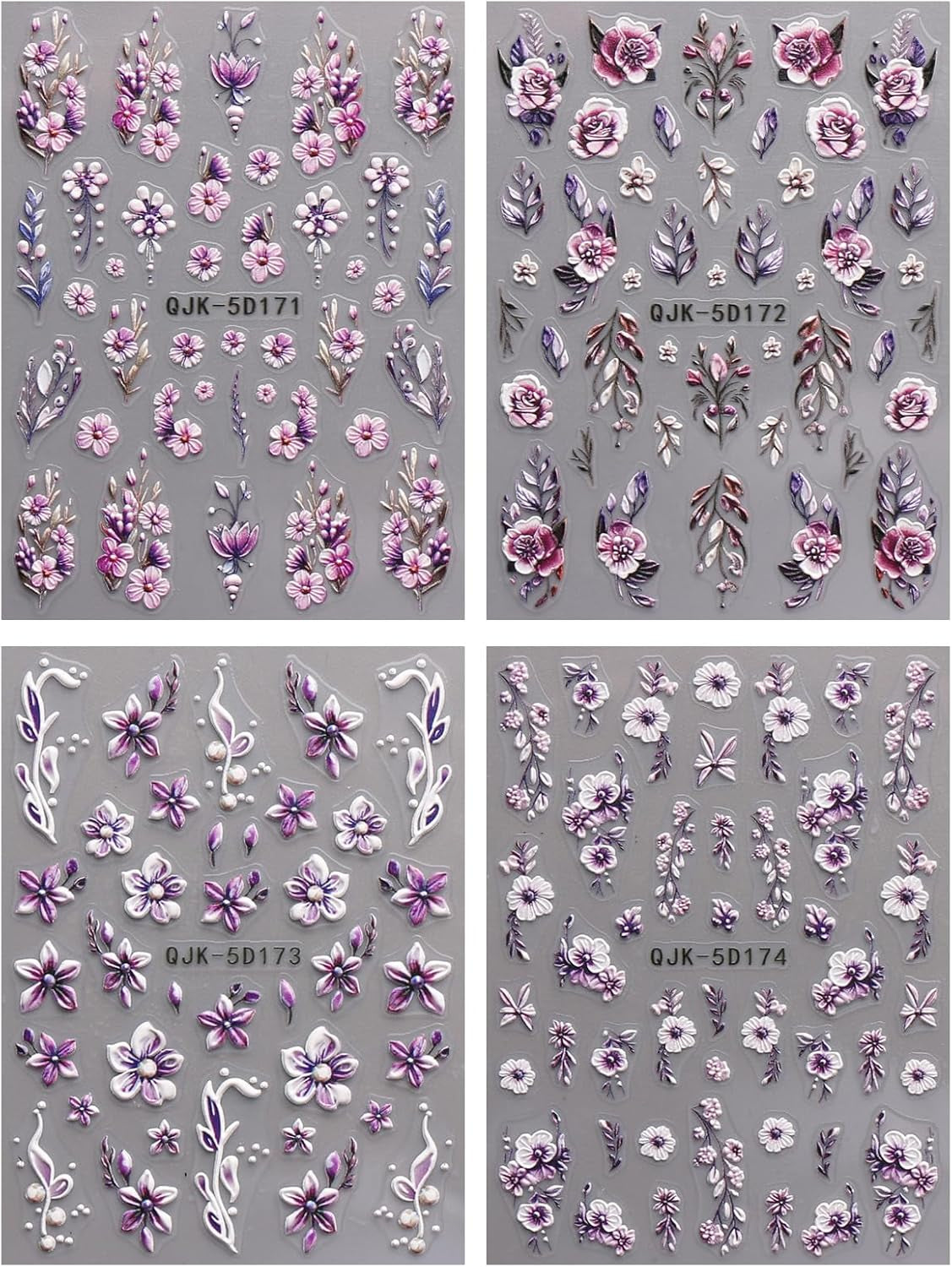 JMEOWIO 3D Nagelsticker Blumen Nail Art Sticker Selbstklebend Nagelaufkleber 5D Stereoscopico Frühling Sommer Dekoration Nageldesign Zubehör 4 Blatt