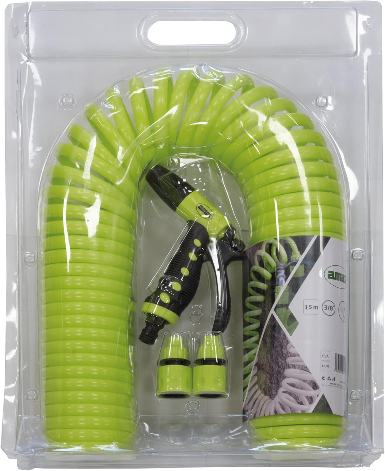 Amig - Turun | Spirale | 15 metri| Include 4 accessori | Con pistola per irrigazione, adattatore per rubinetto e 2 attacchi rapidi | Gomma EVA | Verde pistacchio