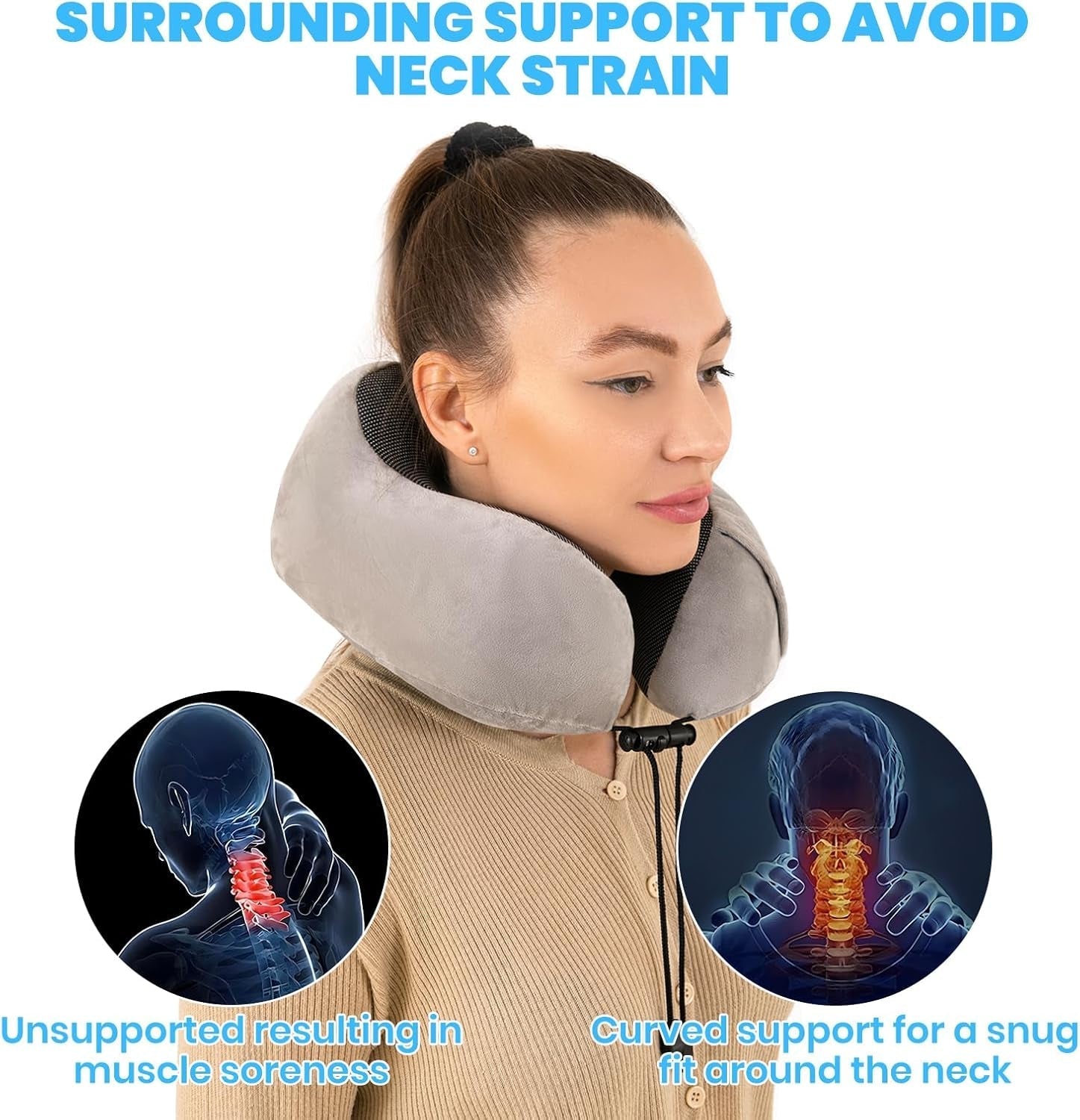 Cuscino per il collo, Cuscino per il collo dell'aereo, Cuscino da viaggio, Cuscino per il collo per adulti, Cuscino per il collo dell'auto, Cuscino per la casa, Cuscino ergonomico in memory foam, Schienale stretto lavabile, Regolabile, Grigio