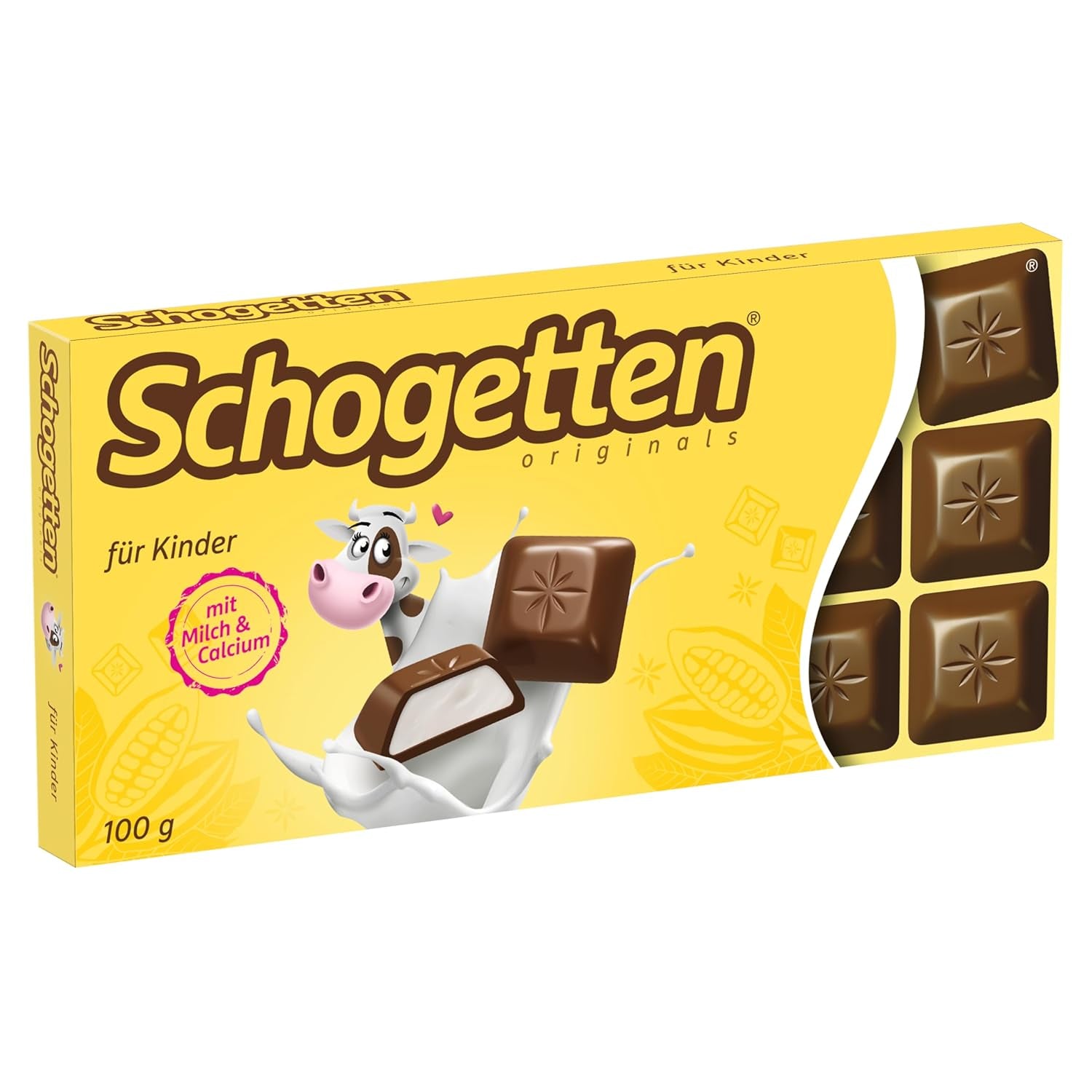 Schogetten per bambini, barretta di cioccolato da 100 g, cioccolato al latte con ripieno cremoso al latte, comodamente porzionato. Una prelibatezza. Pezzo per pezzo.