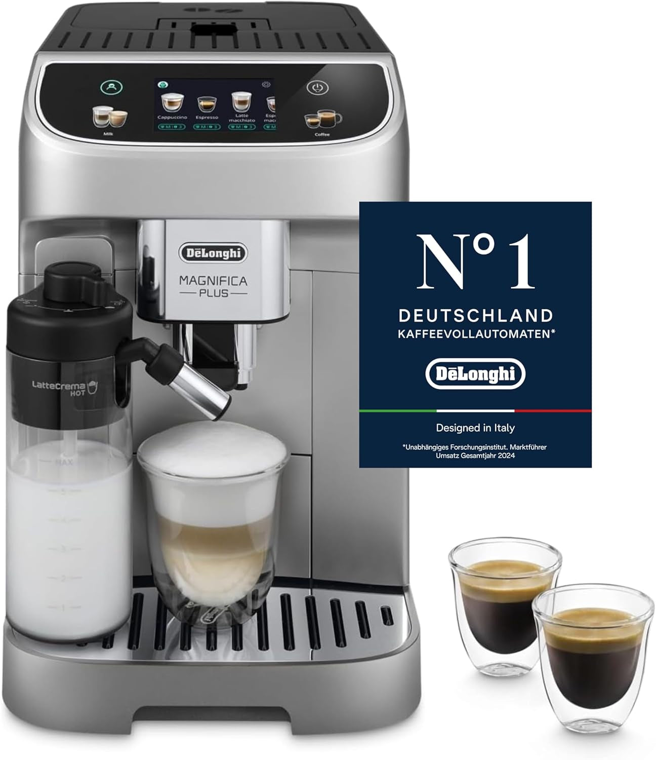 De'Longhi Magnifica Evo Next - Perfetto Espressore completamente automatico con montalatte LatteCrema, 13 bevande one-touch, macchina per caffè e cappuccino, touch screen a colori, titanio (ECAM312.80.TB)