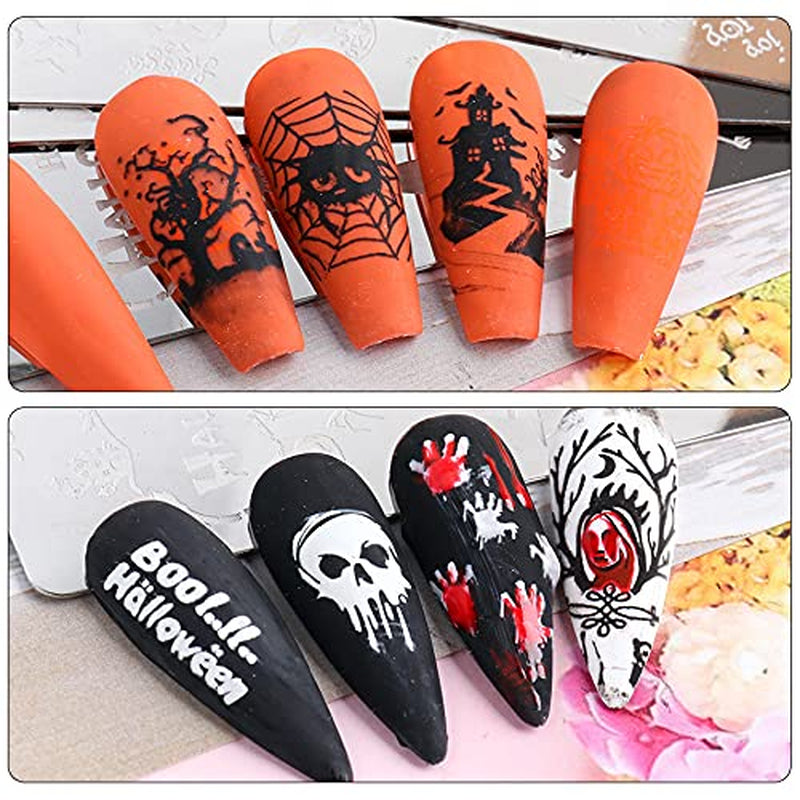 JMEOWIO Nail Stamping Stencil Halloween 6 pezzi Nagelstempel Stencil Nail Art Dekoration Nageldesign Zubehör Böse Gruselige Kürbis-Geisterhexe
