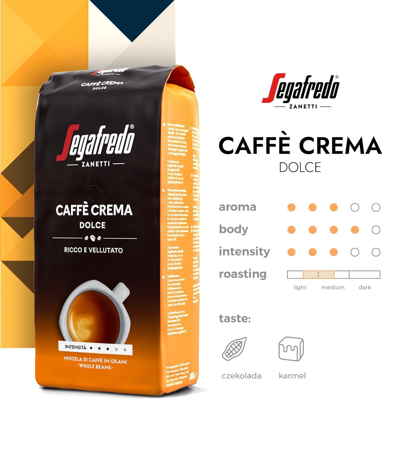 Segafredo Zanetti Caffè Crema Dolce - Chicchi interi (confezione da 1 kg) - Adatto per Caffè Crema - Chicchi di caffè dalla tostatura da leggera a media dal gusto delicato ed equilibrato (confezione da 2)