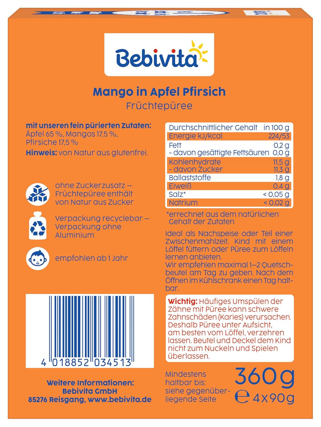 Buste comprimibili mango mela pesca - confezione da 16 (confezione da 4, 4 x 90 g ciascuna), senza zuccheri aggiunti, senza glutine, ideali per snack confezionati e in viaggio