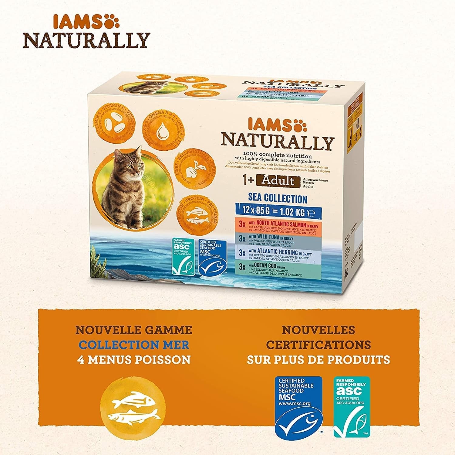 IAMS Alimento Umido Naturale per Gatti in Salsa - Alimento Umido di Alta Qualità con Pesce per Gatti Adulti, Collezione Mare, 12 x 85g