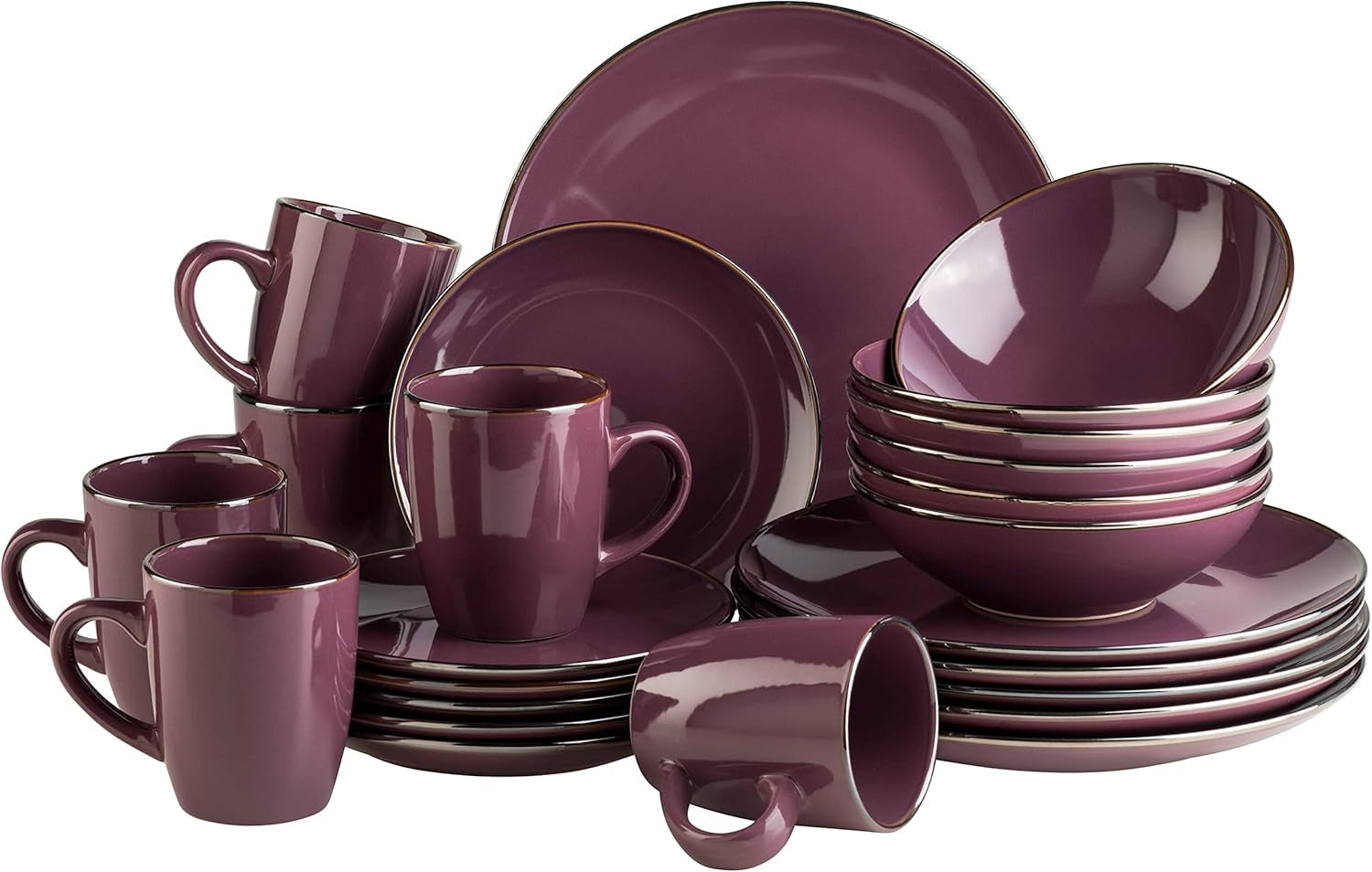 Set di stoviglie moderno per 6 persone con bordo in ottone, servizio combinato a forma di tazza senza bordo da 24 pezzi, lavanda