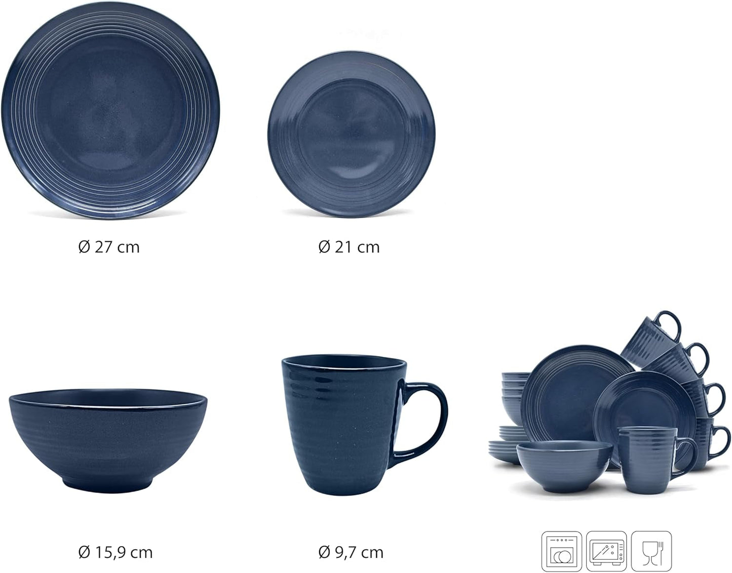 ECHTWERK "Alicia" Set di stoviglie combinate vintage da 16 pezzi Design moderno per 4 persone Elegante set di stoviglie in gres blu scuro con 4 piatti 4 piatti laterali 4 ciotole 4 tazze da tè