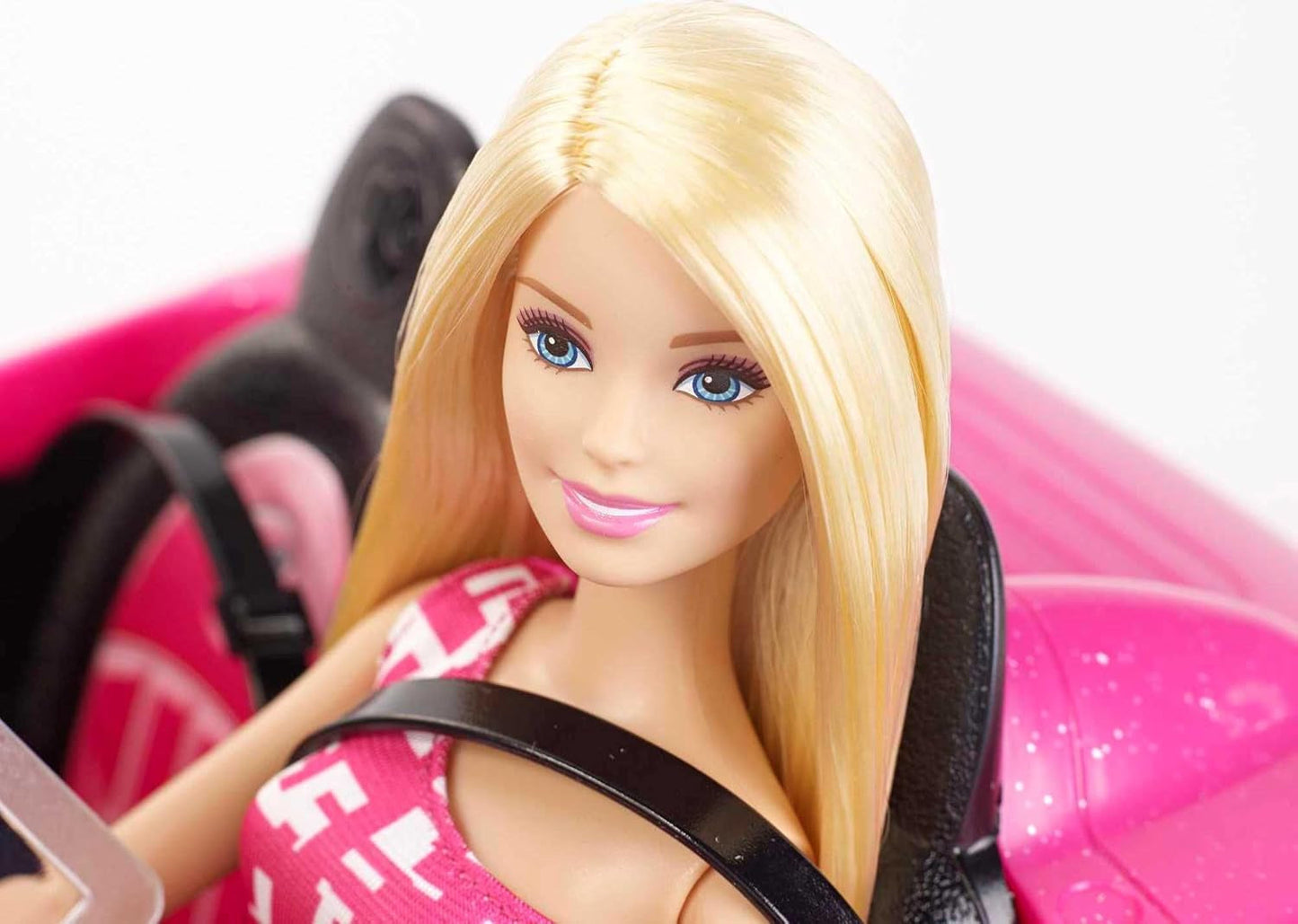 Bambola Barbie decappottabile con glitter rosa, pneumatici realistici, logo, giocattolo dai 3 anni in su, DJR55