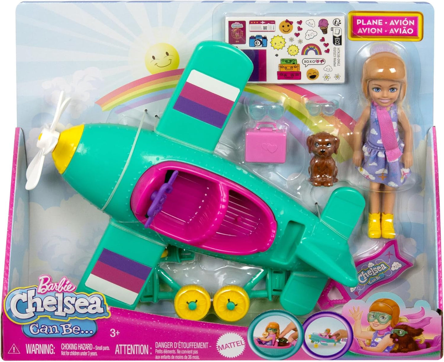 Chelsea Barbie Doll Aeroplano e Playset - Bambola pilota, aeroplano, cucciolo e accessori per favole, ruote girevoli ed eliche di fiori, dai 3 anni in su, HTK38