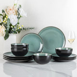 GBhome Set di stoviglie in porcellana per 4 persone, 12 pezzi, smalto reattivo, fatto a mano, adatto per microonde e lavastoviglie, set di ciotole e piatti, colore petrolio GDW025WB-EU