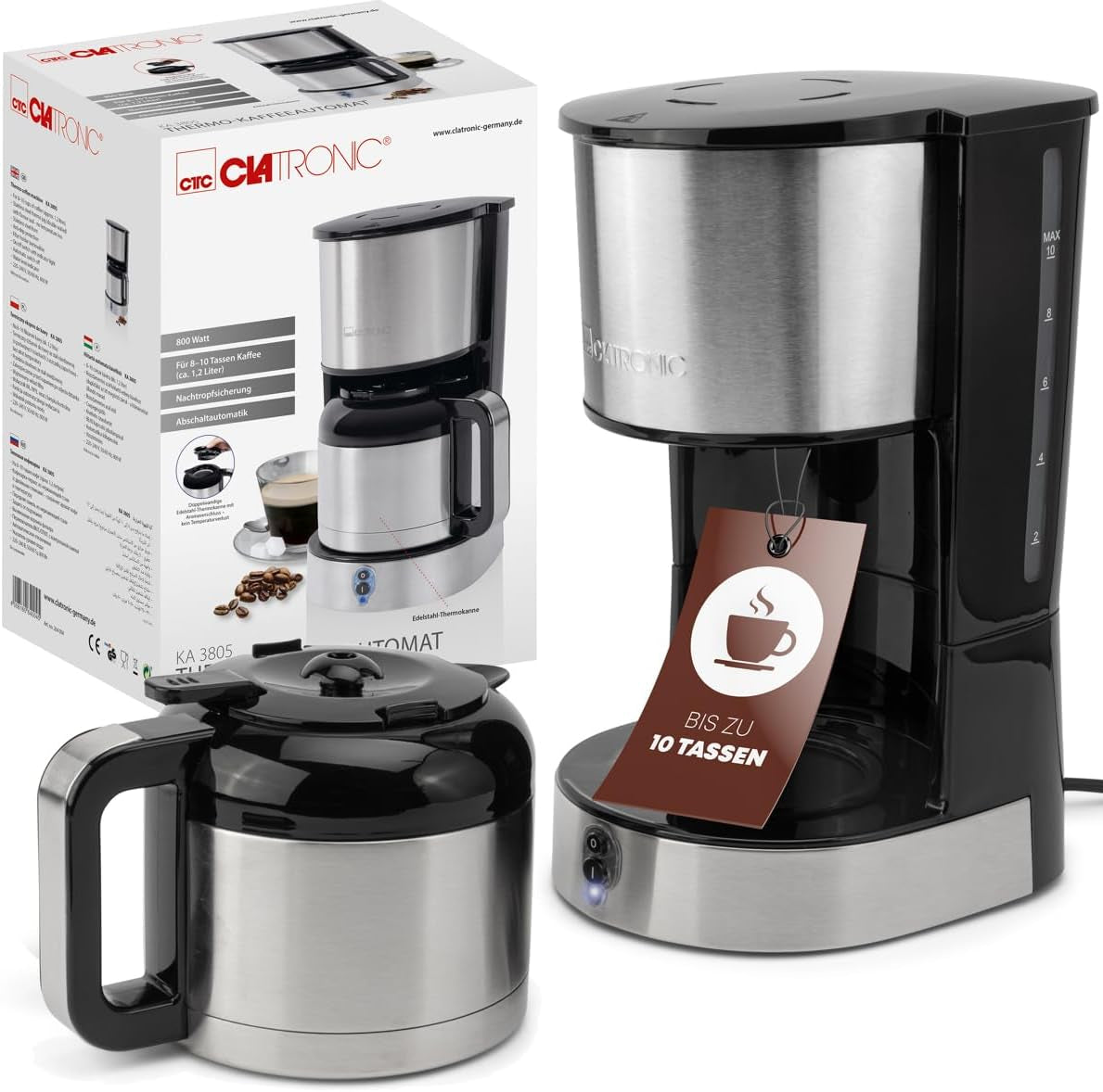 Caffettiera Clatronic® con caraffa thermos per 8–10 tazze di caffè (ca. 1,2 l) | Caffettiera con filtro in acciaio inox | Caraffa termica a doppia parete | Nessuna perdita di temperatura | Caffettiera 800 W | KA3805